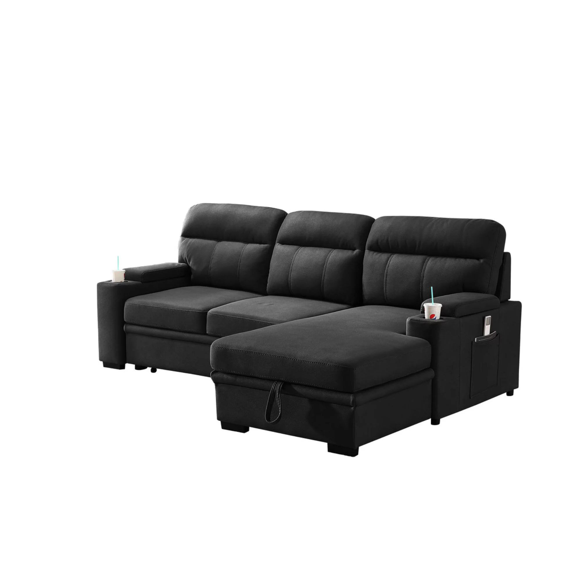 Kaden Black Fabric Sleeper Sectional Sofa Chaise with Storage and Cupholder