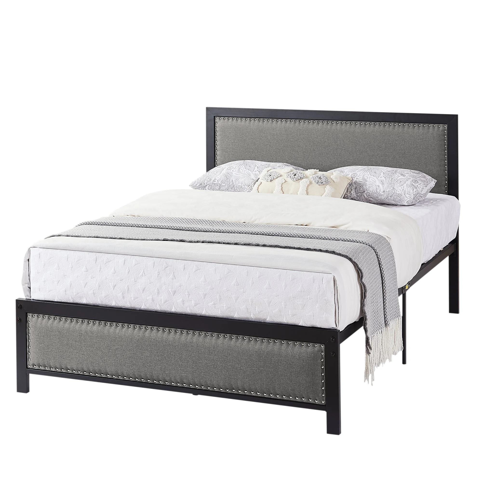 Taomika, Full Size Platform Bed Frame with Headboard ,Grey Bed Frame