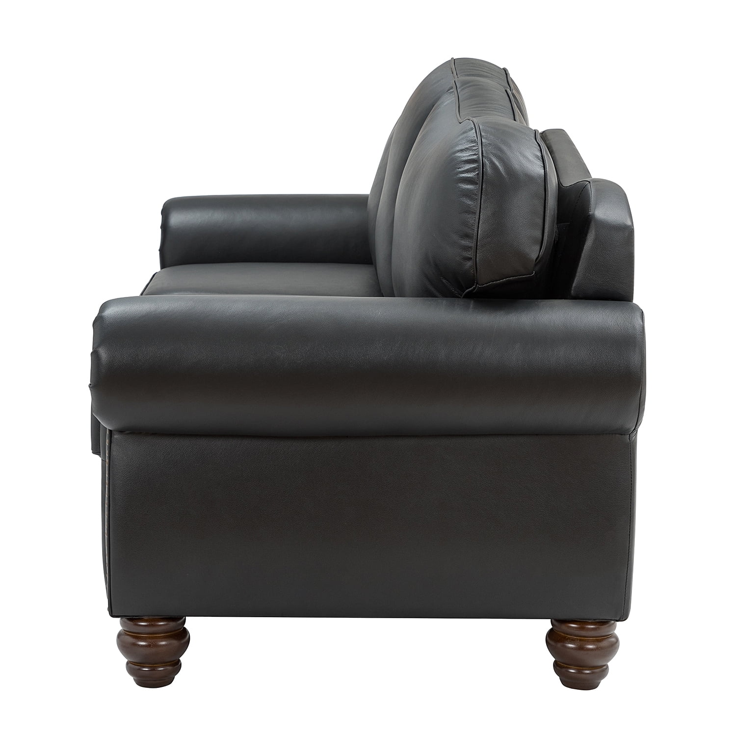 Genuine Leather Sofa with Rolled Arms Nailhead Trims Living Room Reading Black
