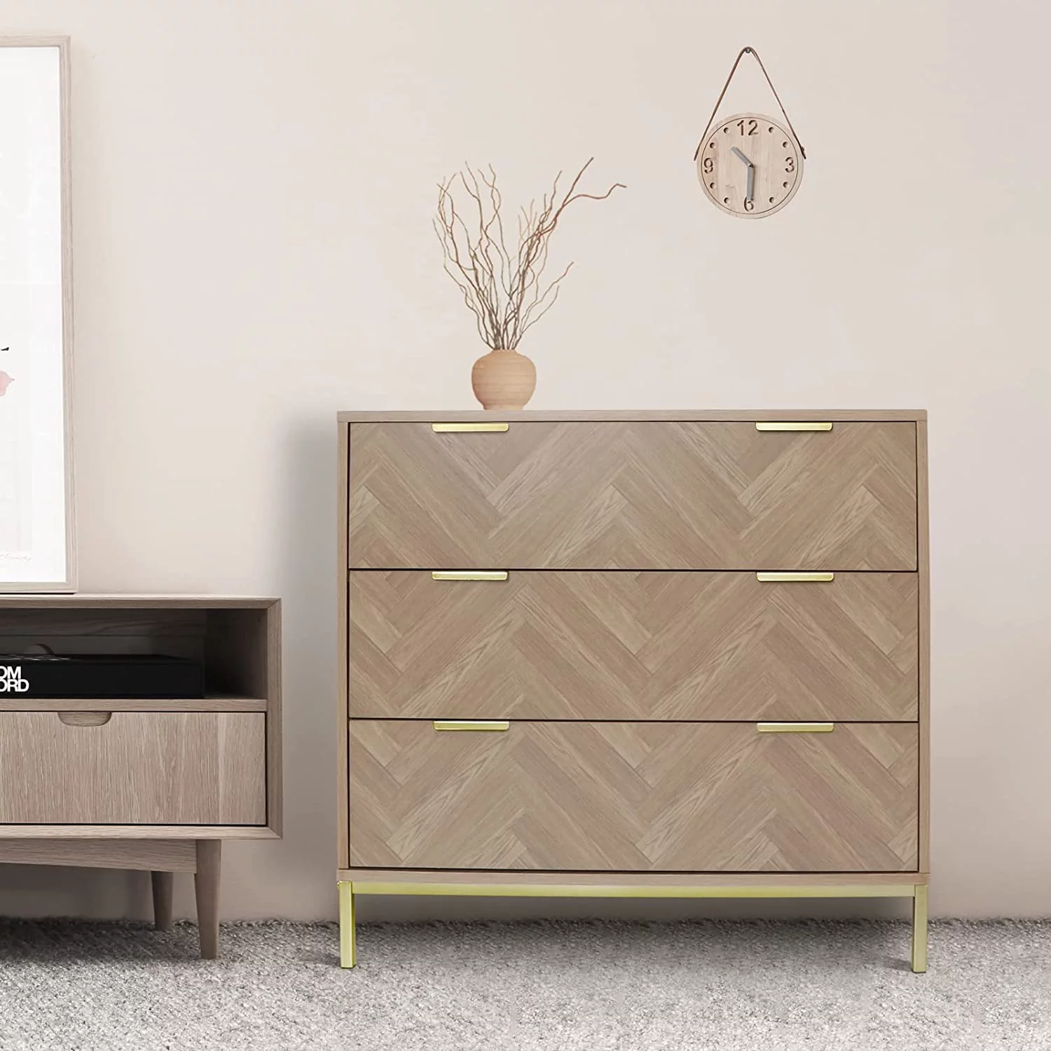 Popular Modern 3 Drawer Chest Dresser Mid Century Natural Oak Organizer Bedroom Furniture with Gold Metal Legs H0037