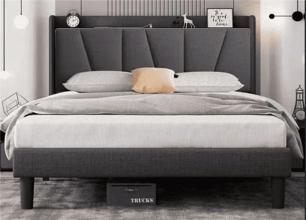 Lixada Bed Frame with Type-C USB Ports Thick Storage Headboard Reinforced Noiseless Black 2090x1615x1225mm for Home