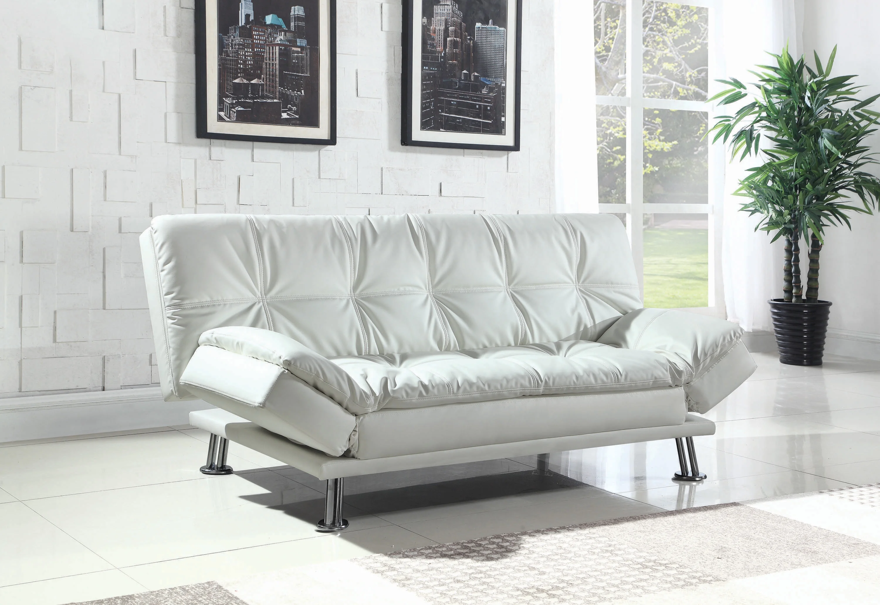 Coaster Dilleston Faux Leather Sleeper Sofa in White and Chrome