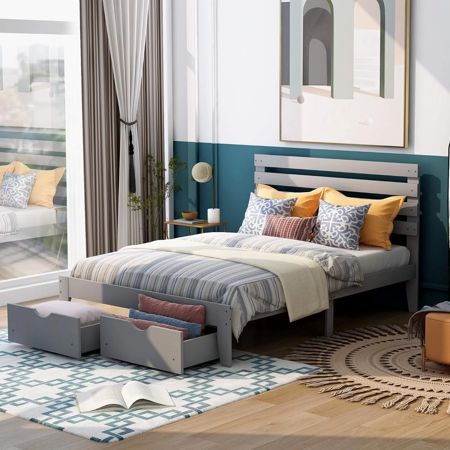 Concentrima Full Size Platform Bed With Two Storage Drawers, Wooden Bed Frame With Headboard And Center Support Feet (Grey, Full)