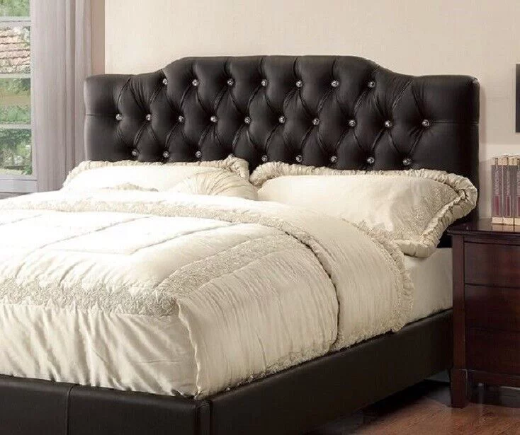 Black Faux Leather Full Size Bed 1pc Bedframe Tufted Headboard Plywood Slats Platform Bed Modern Bedroom Furniture
