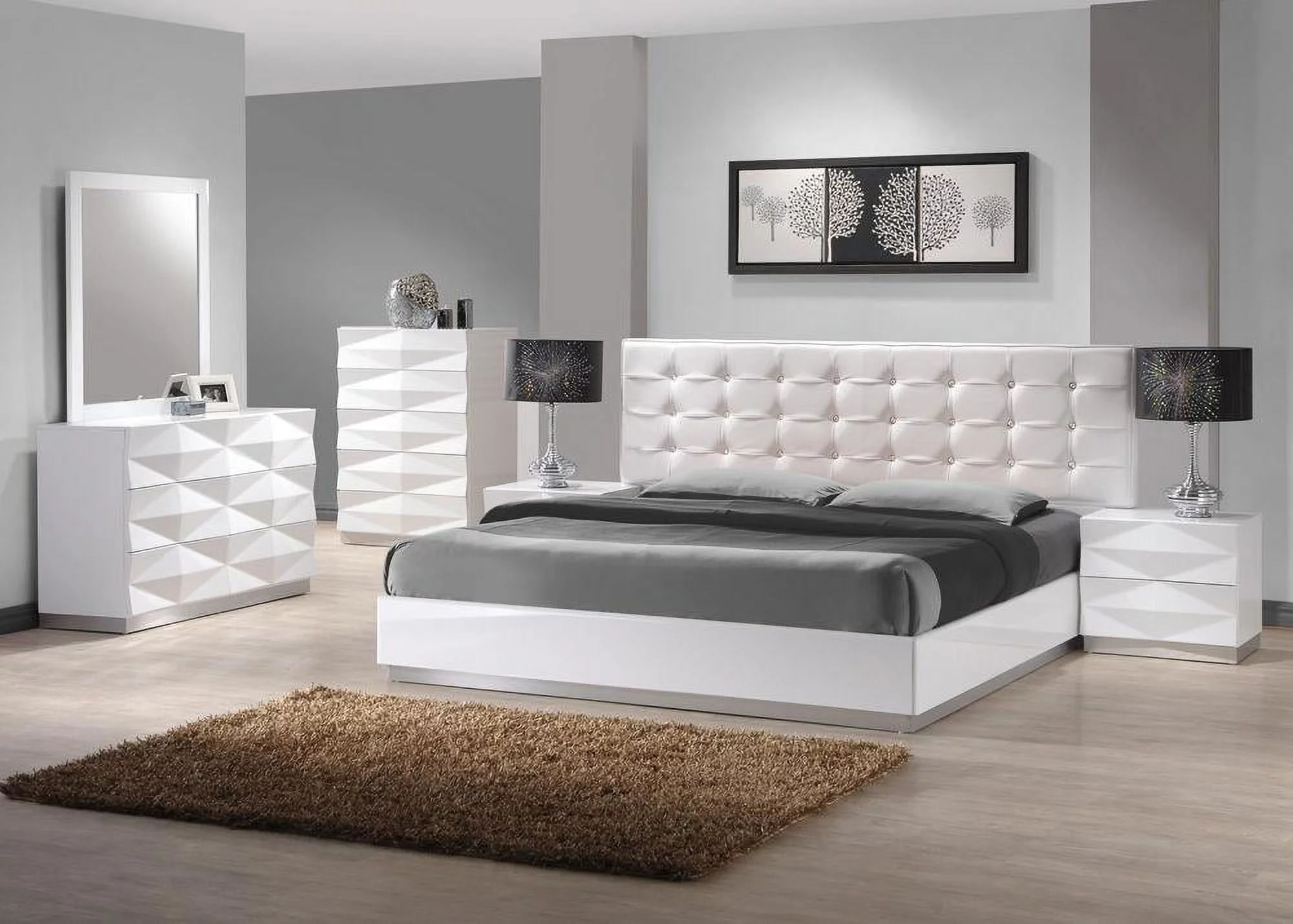 Modern White Lacquer & Premium Leather Queen Size Bedroom Set 3Pcs J&M Verona