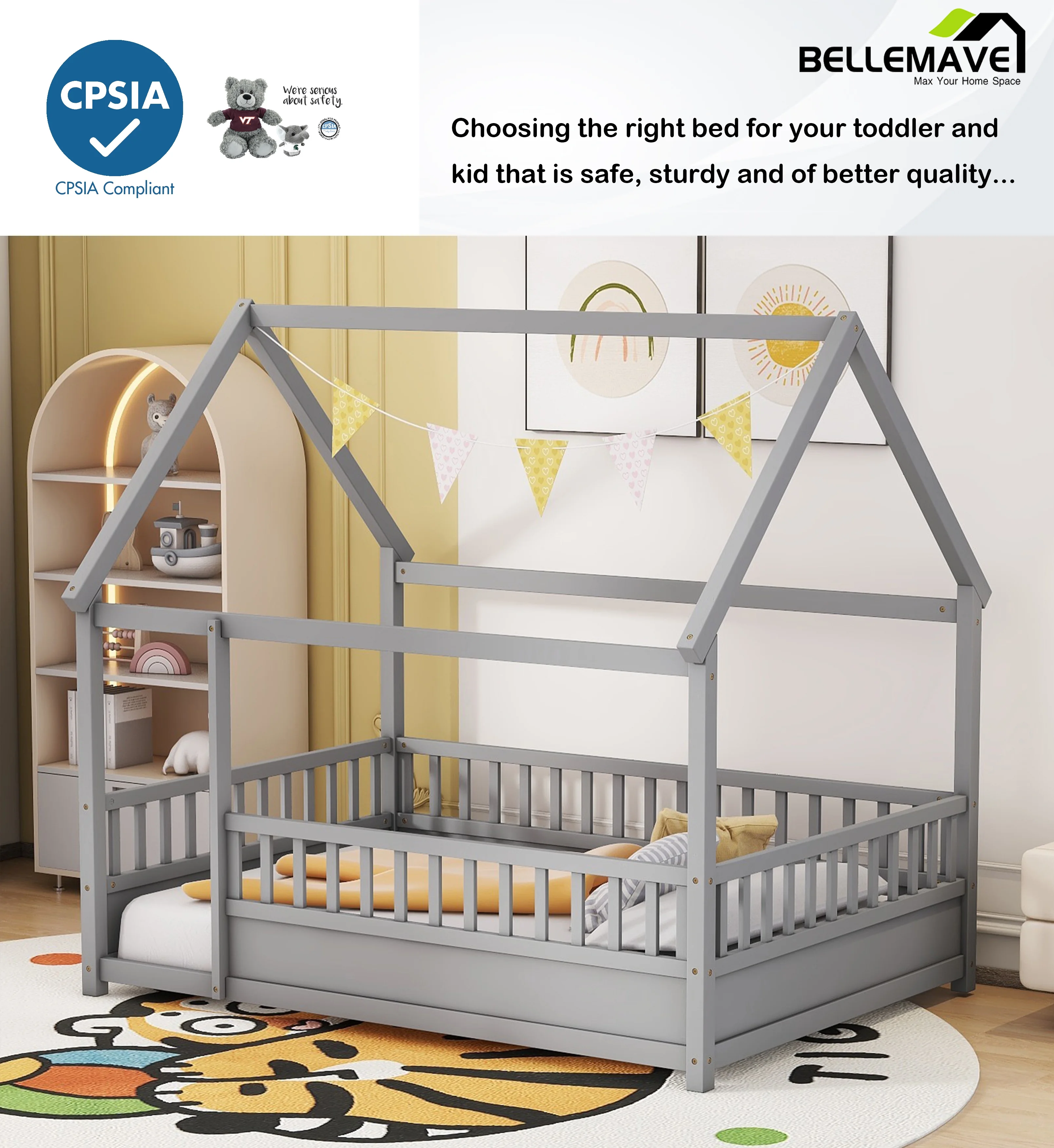 Bellemave Full Size House Floor Bed with High Fence Guardrails Wooden Playhouse Bed Frame Toddler Floor Bed with Roof Montessori House Bed Frame for Kids, Boy, Girl, (Full, Gray)