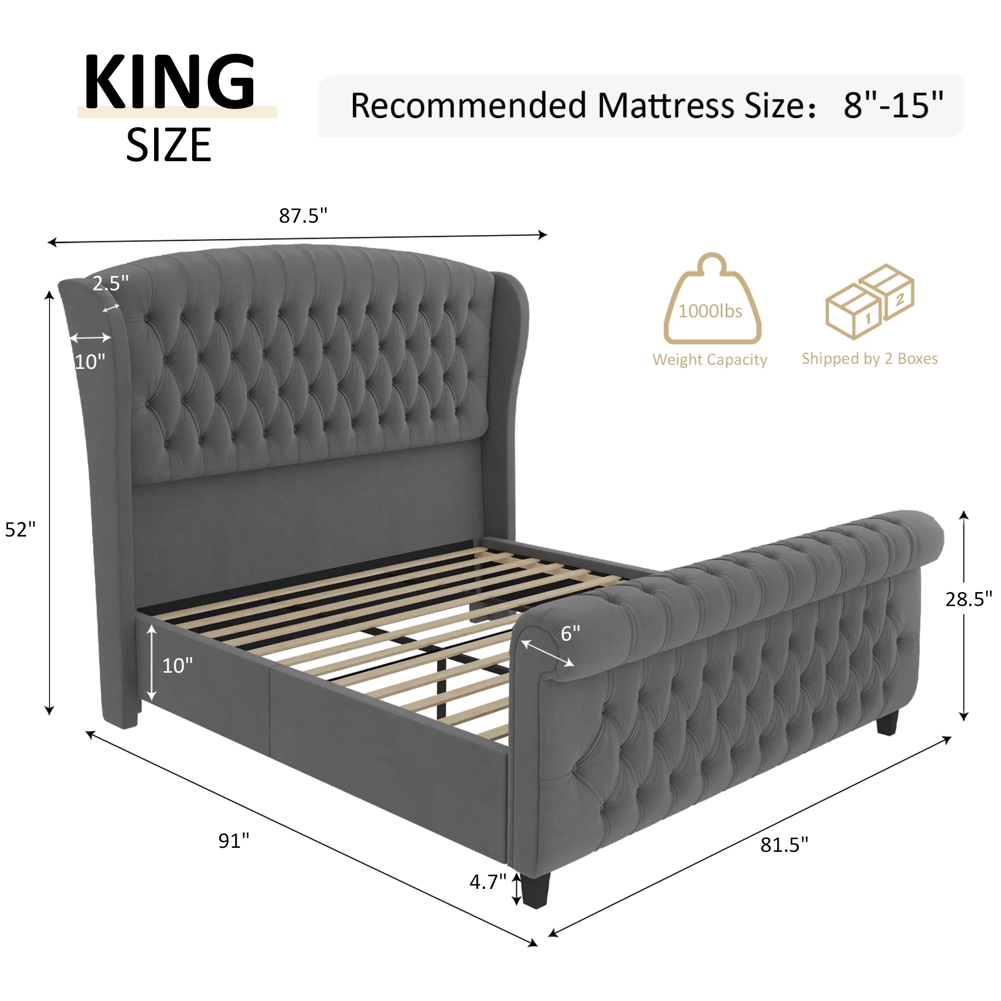 AMERLIFE King Size Platform Bed Frame, Velvet Upholstered Sleigh Bed with Scroll Wingback Headboard & Footboard/Button Tufted/No Box Spring Required/Grey
