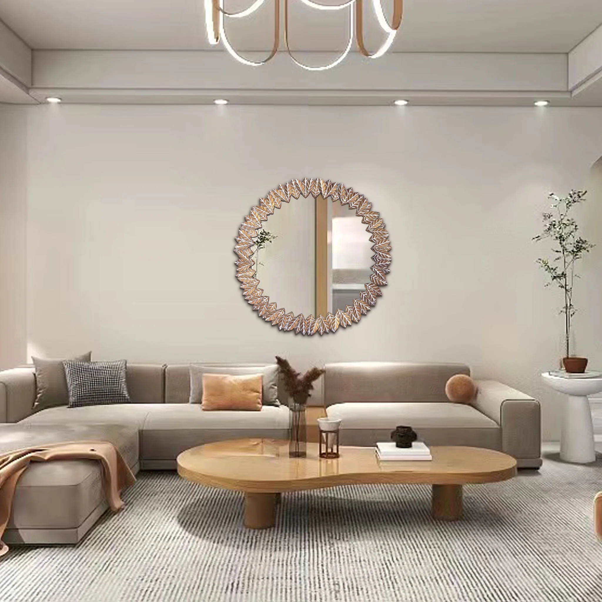 Parisloft 26.375 Inch Vintage Metal Round Wall Mirror, Decorative Wall Mounted Mirror with Leaf Design, Antique Gold and Whitewashed Finish Mirror for Bathroom, Entry, Living Room