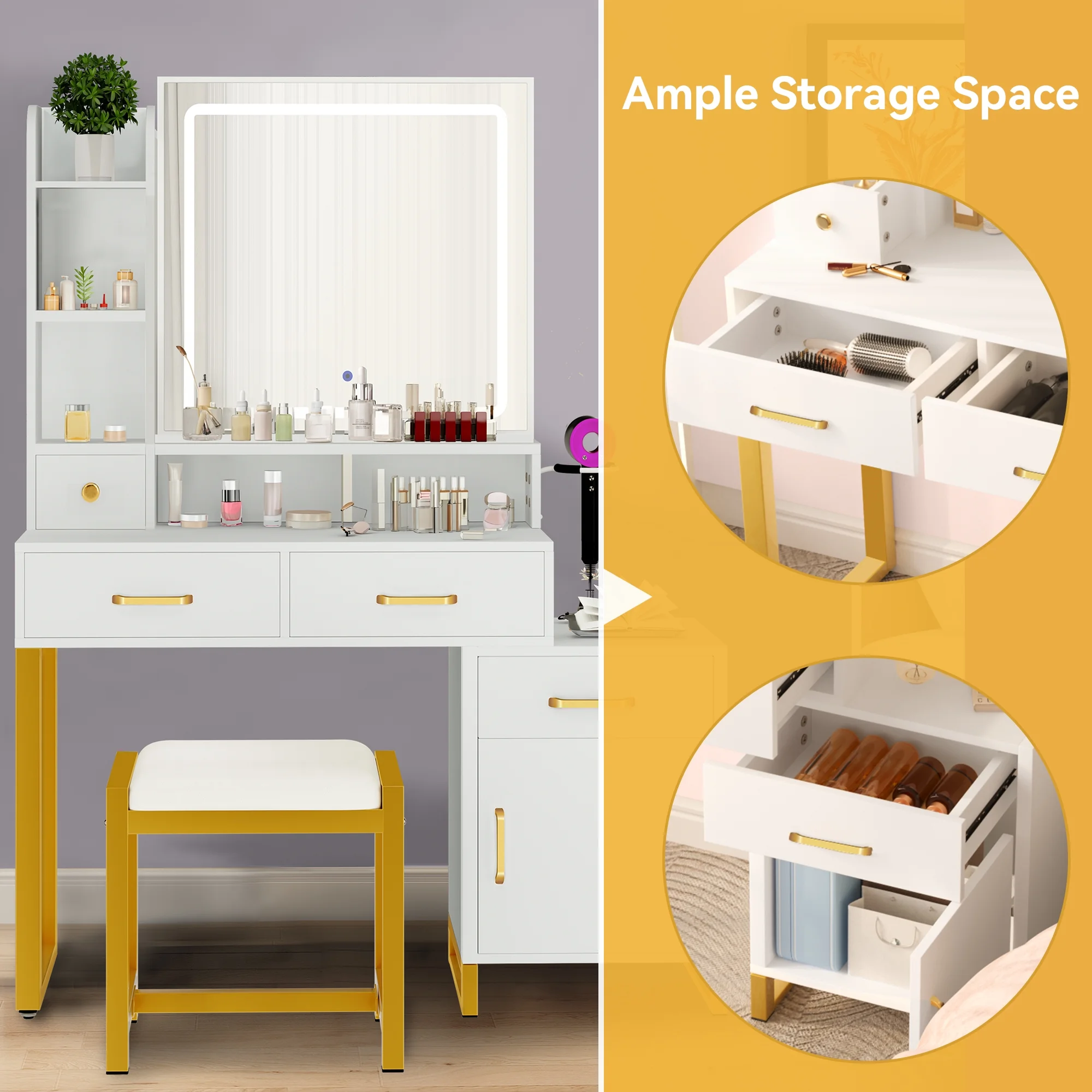 Dextrus Makeup Vanity with Mirror, Lights and Drawers, Vanity Table Set with Adjustable Lighting, Power Outlet, and 3 Lighting Color Options - White