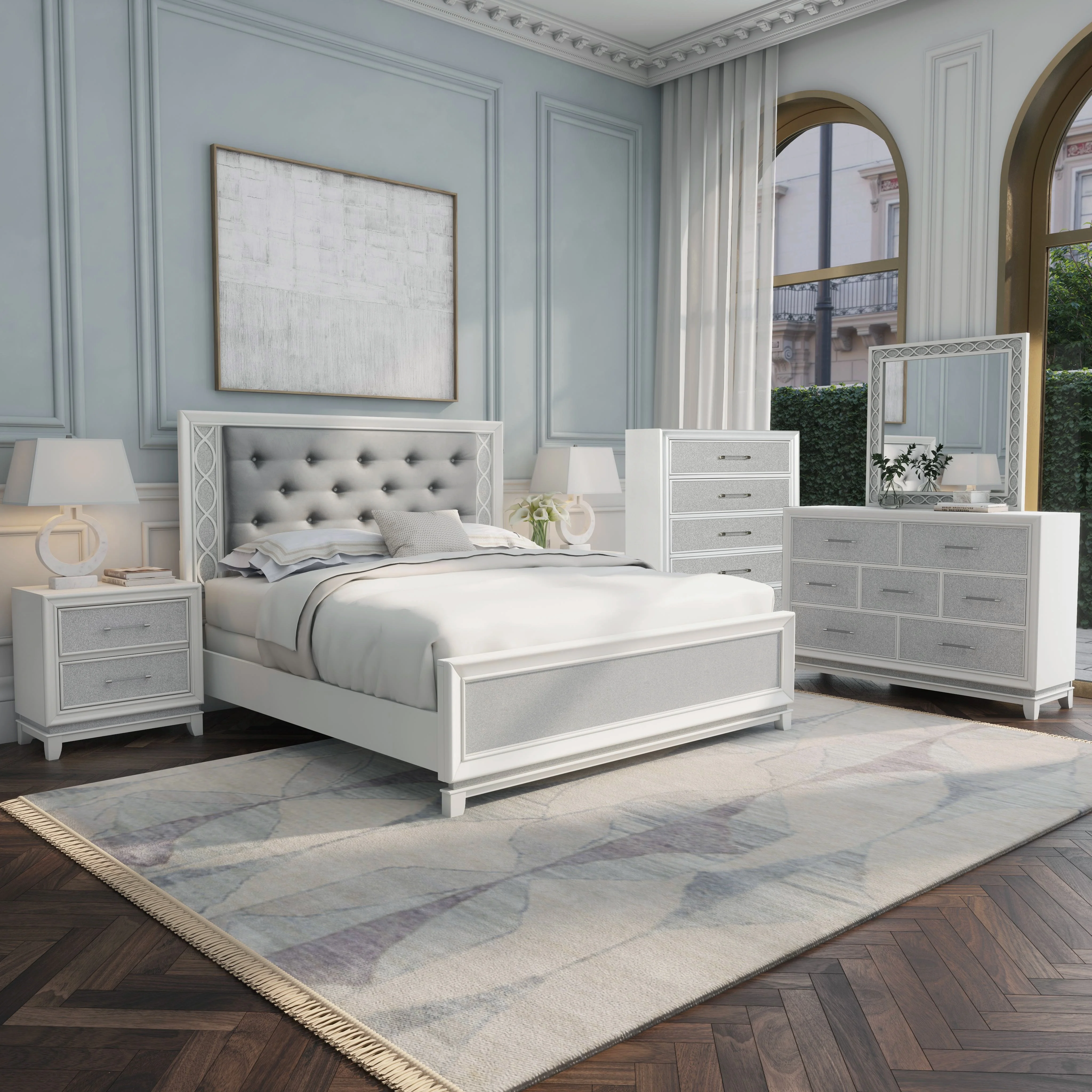 Roundhill Furniture Galaxy 6-Piece Bedroom Set with LED Lights, Tufted Bed, Dresser, Mirror, 2 Nightstands, and Chest in Pearlized White, King