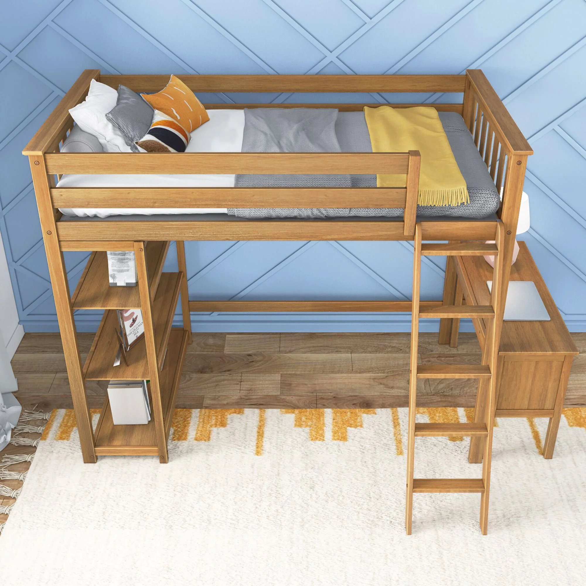 Max & Lily Loft Bed, Solid Wood Twin High Loft Bed with Bookcase and Desk for Kids, Pecan
