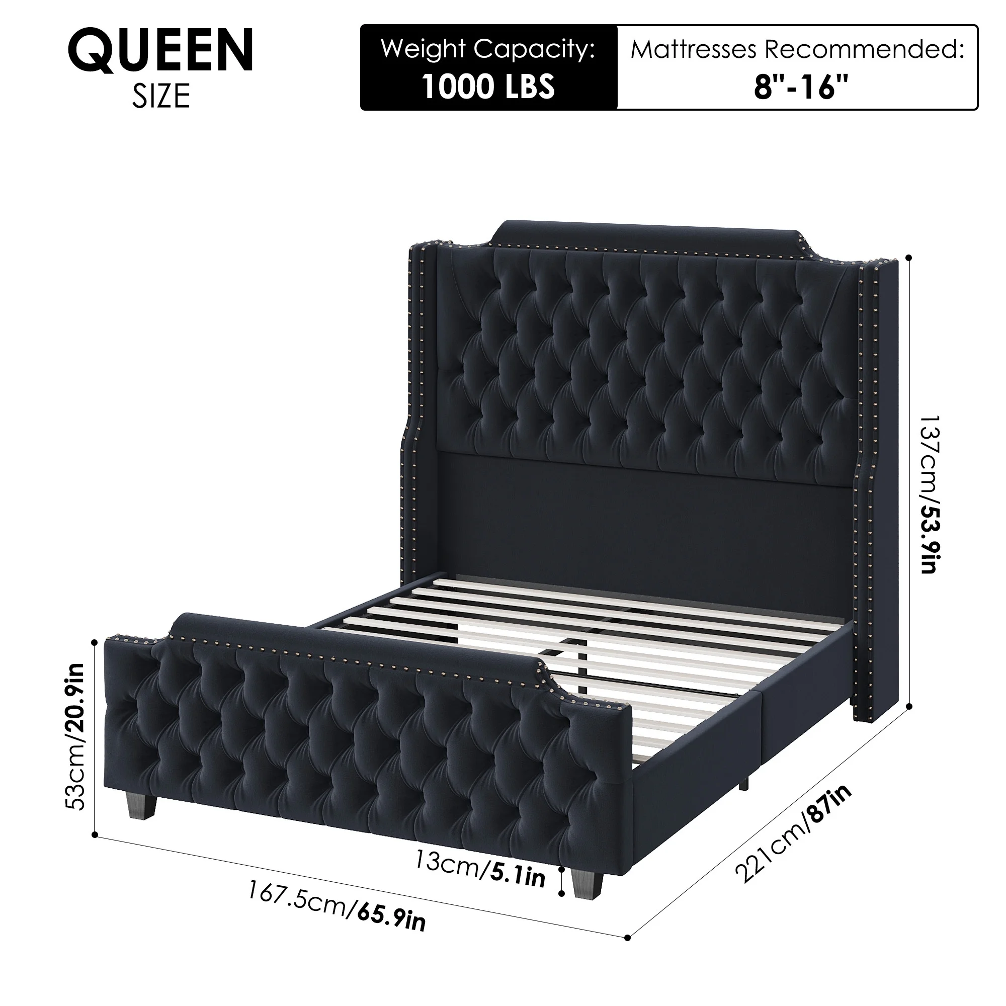 Homfa Marco de Cama Tamaño Queen de 54 