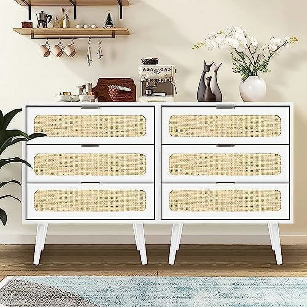 xrboomlife Drawer Dresser Rattan Chest of Drawers with 3 Drawers Dresser Accent Cabinet Modern Bedside Table for Living Room Bedroom Entryway (White)