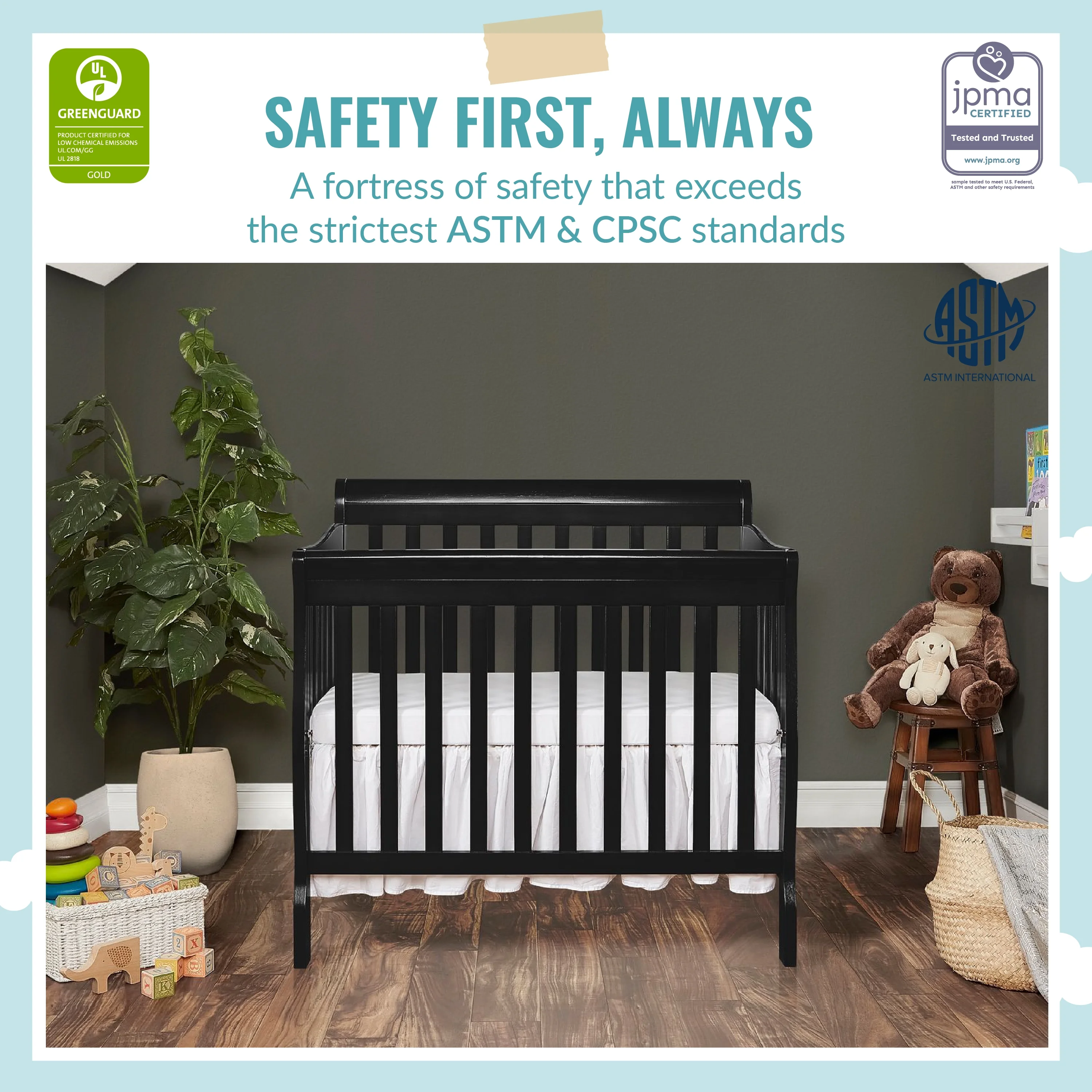 Dream On Me Aden 4-in-1 Convertible Mini Crib In Black, Greenguard Gold Certified