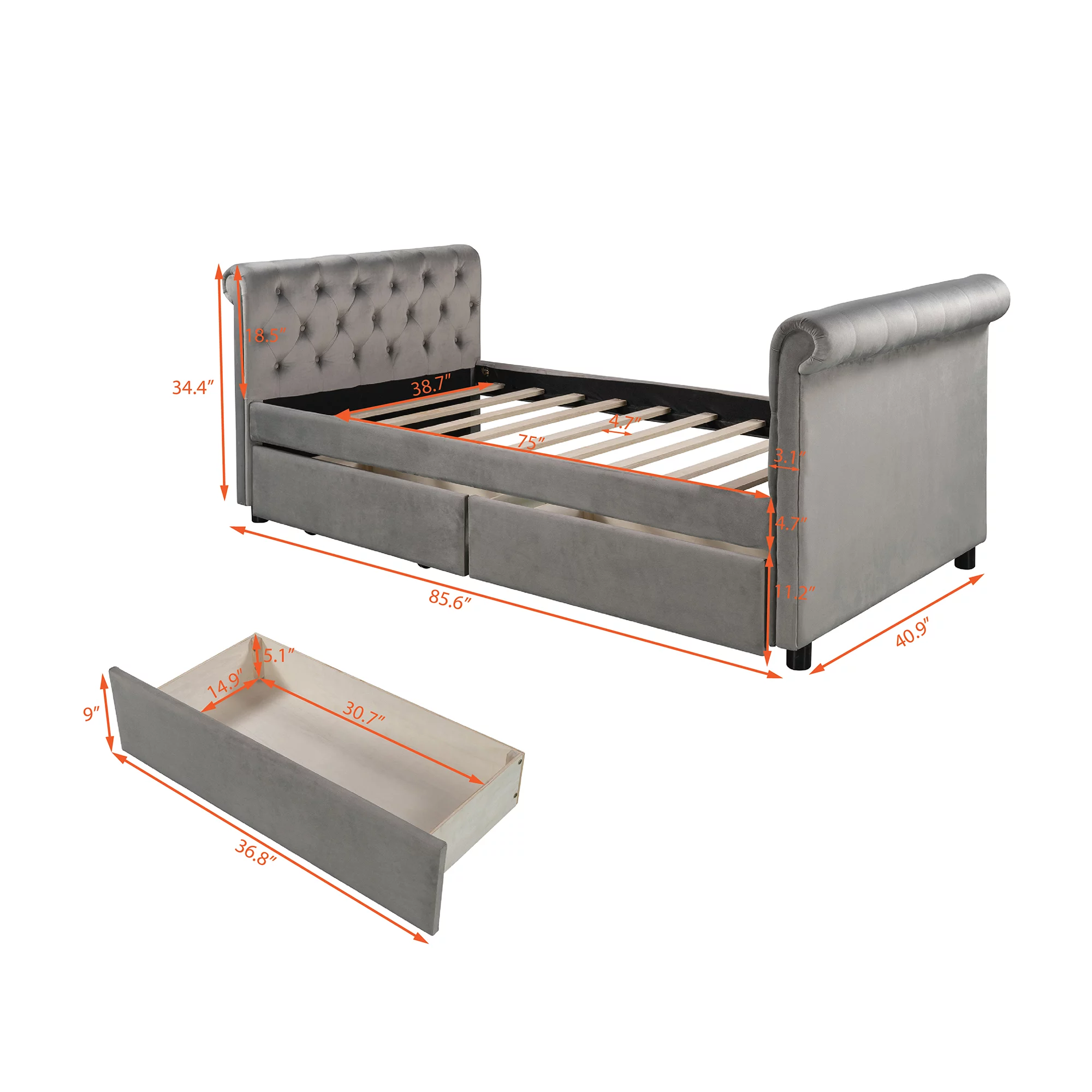 Gray Twin Size Upholstered Daybed with Drawers, Wood Slat Support