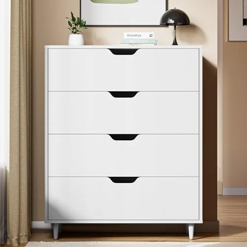 RUNFAYBIU 4 Chest of Drawers Dresser White Dresser with Cutout Handle Modern Dresser Organizer Dresser Drawer Organizers Bedroom Living Room White