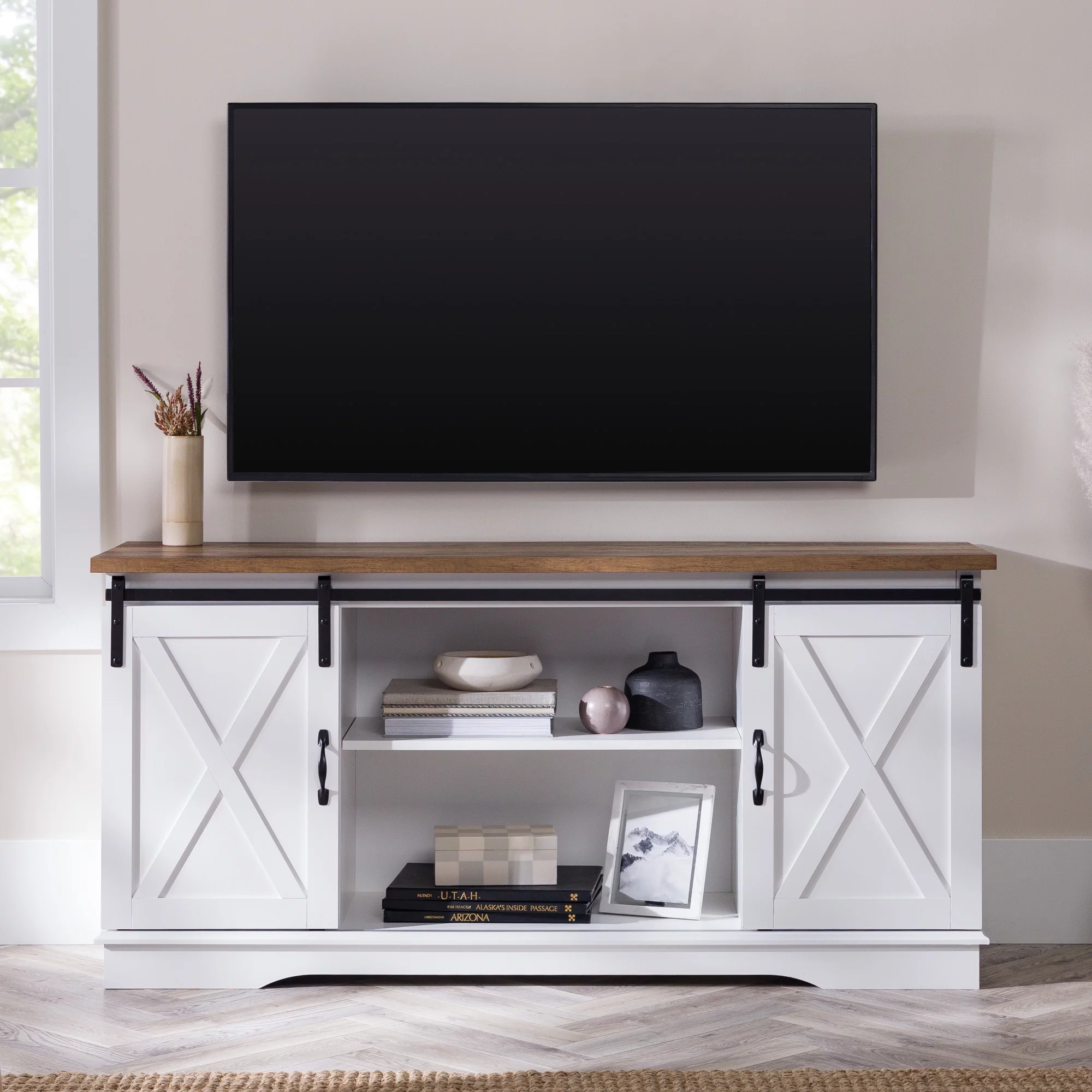 Woven Paths Farmhouse Sliding Barn Door TV Stand for TVs up to 65