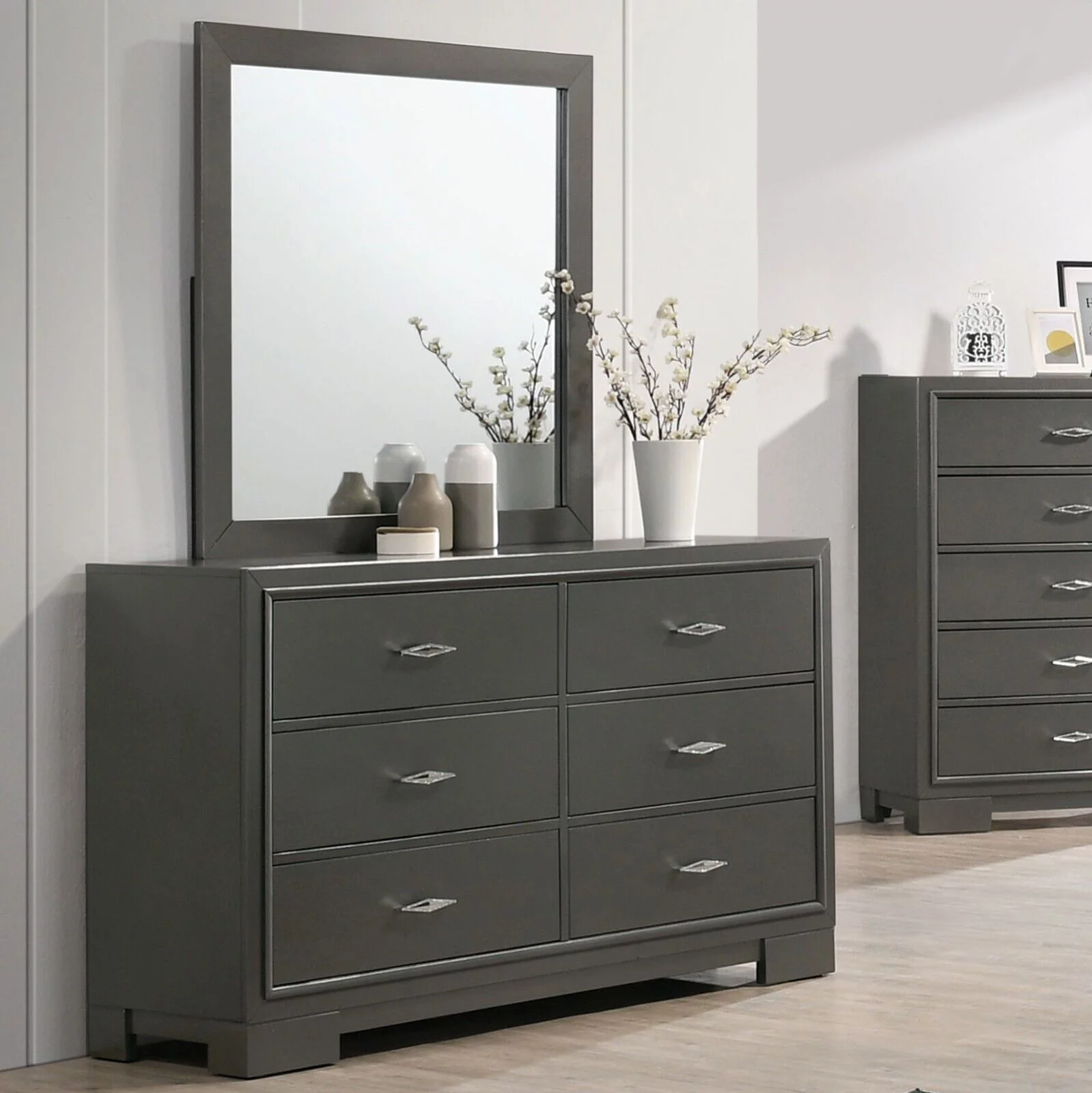 Contemporary Metallic Gray Bedroom 4pc Set Full Size Bed Dresser Mirror Nightstand Solid wood Furniture