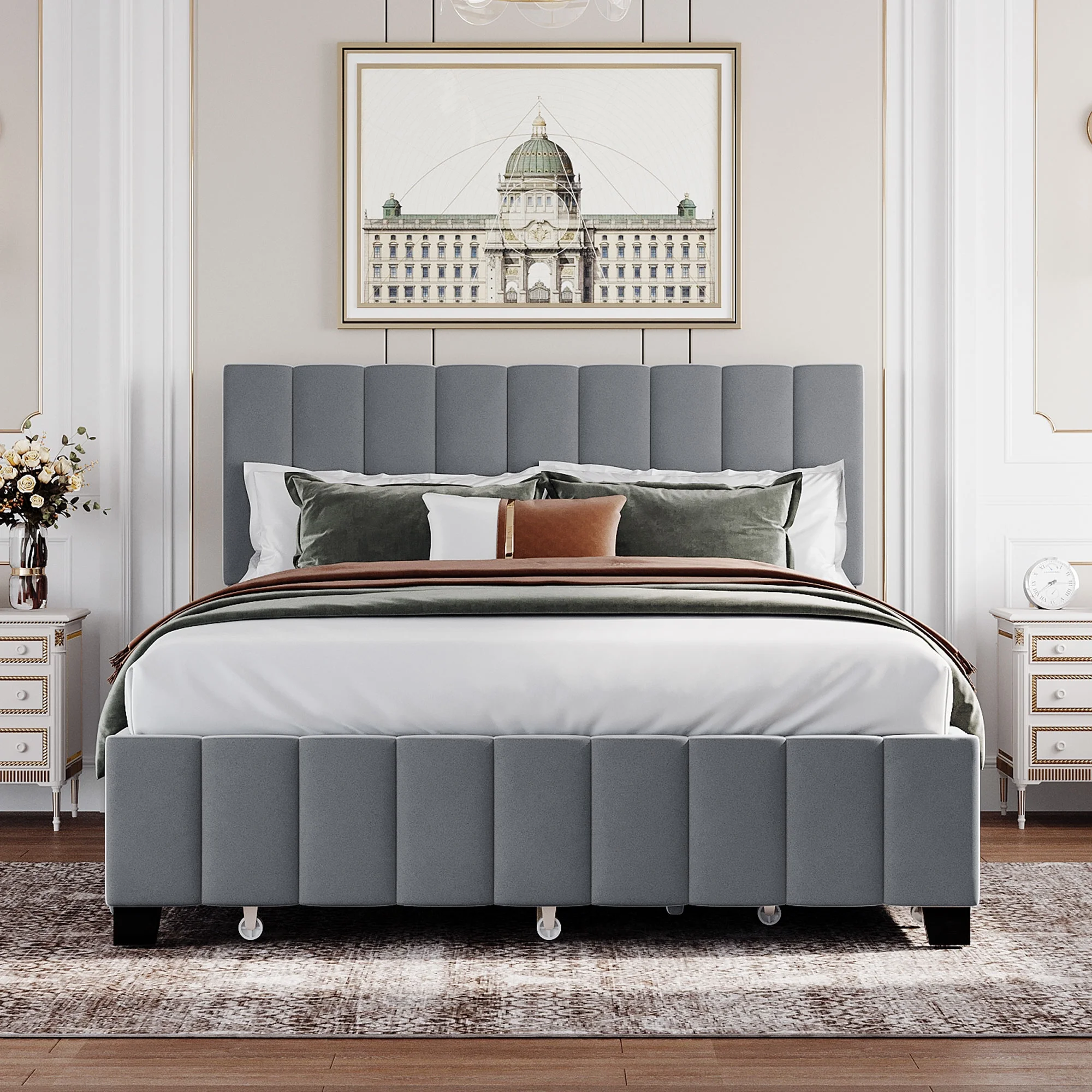 CoSoTower Queen Size Velvet Upholstered Platform Bed with 2 Drawers and 1 Twin Xl Trundle- Gray