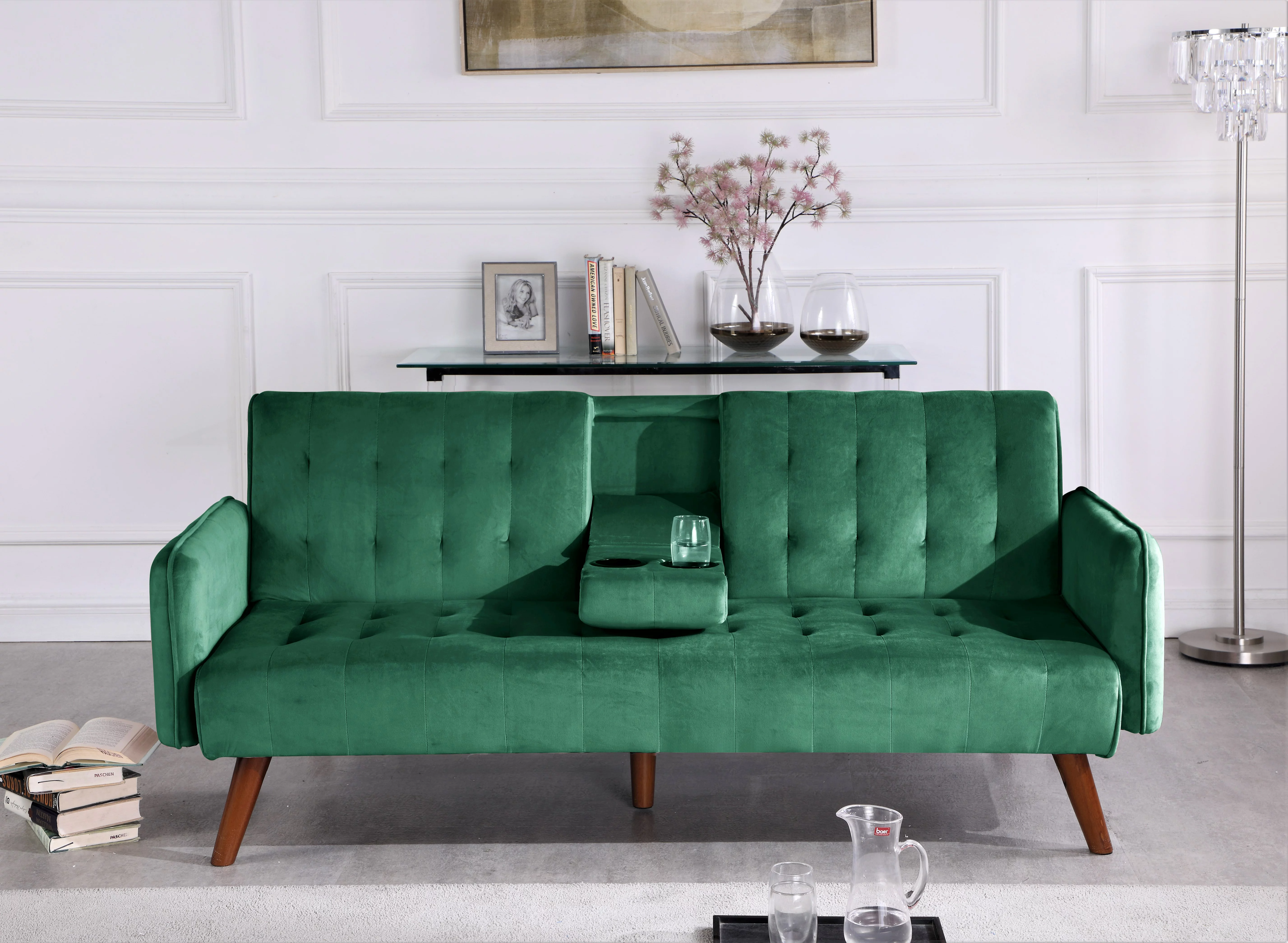 Uspridefurniture Beniamino 78'' Velvet Square Arm Sleeper, Green