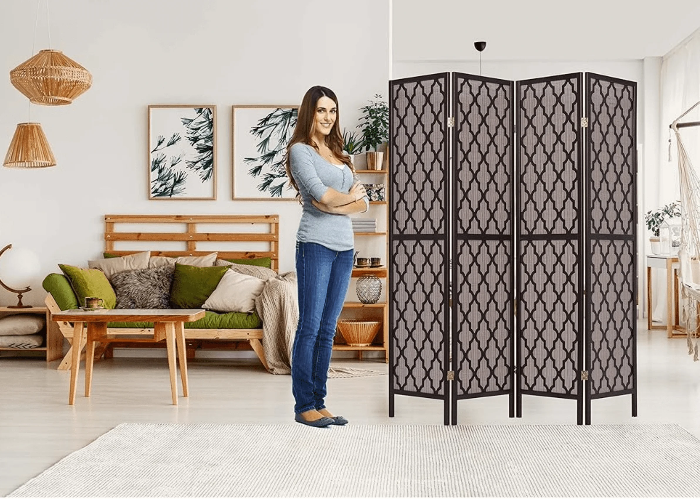 Legacy Decor 4 Panels Screen Room Divider Rattan Cane Webbing Insert with Decorative Cut Outs Espresso Color