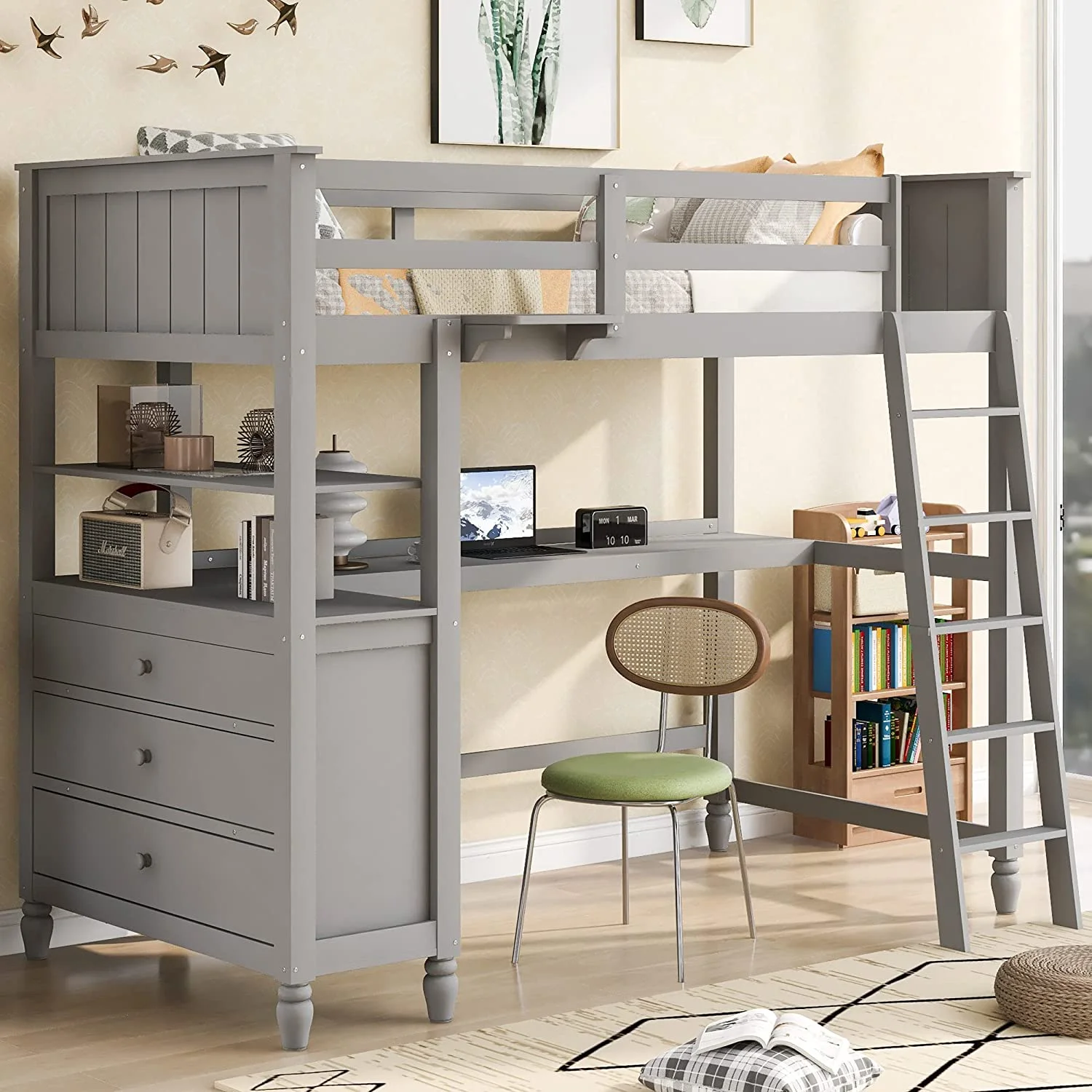 Twin Size Loft Bed with Desk, Solid Wood Loft Bed Frame with Storage Drawers and Shelves, for Kids Teens Adults (Gray)