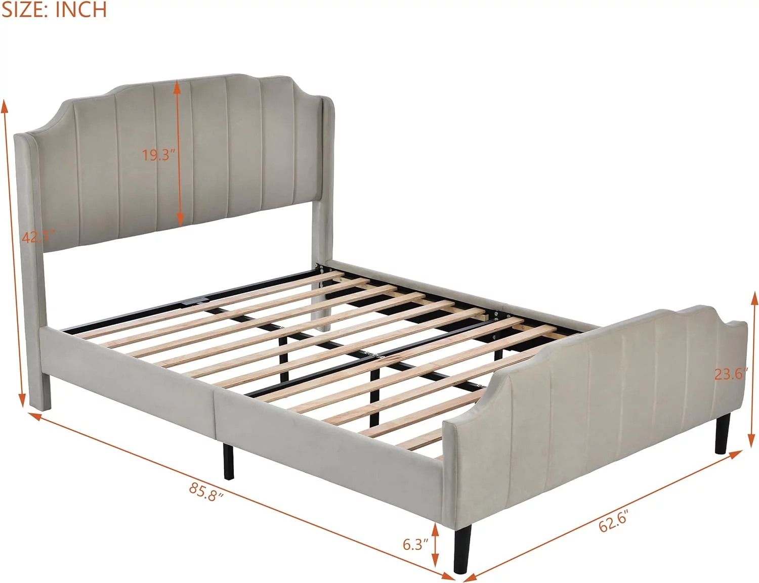 Queen Size Upholstered Bed With Headboard And Footboard, Wood Queen Platform Bed Frame For Bedroom, Velvet Fabric, No Box Spring Needed (Queen, Gray)