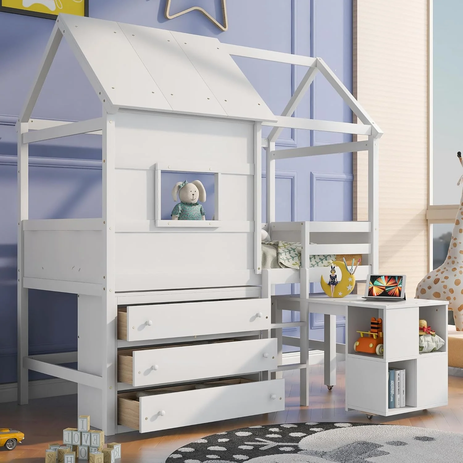House Loft Bed With Storage Desk And 3 Drawers, Low Loft Bed Platform Bed Frame For Kids, No Box Spring Needed, White