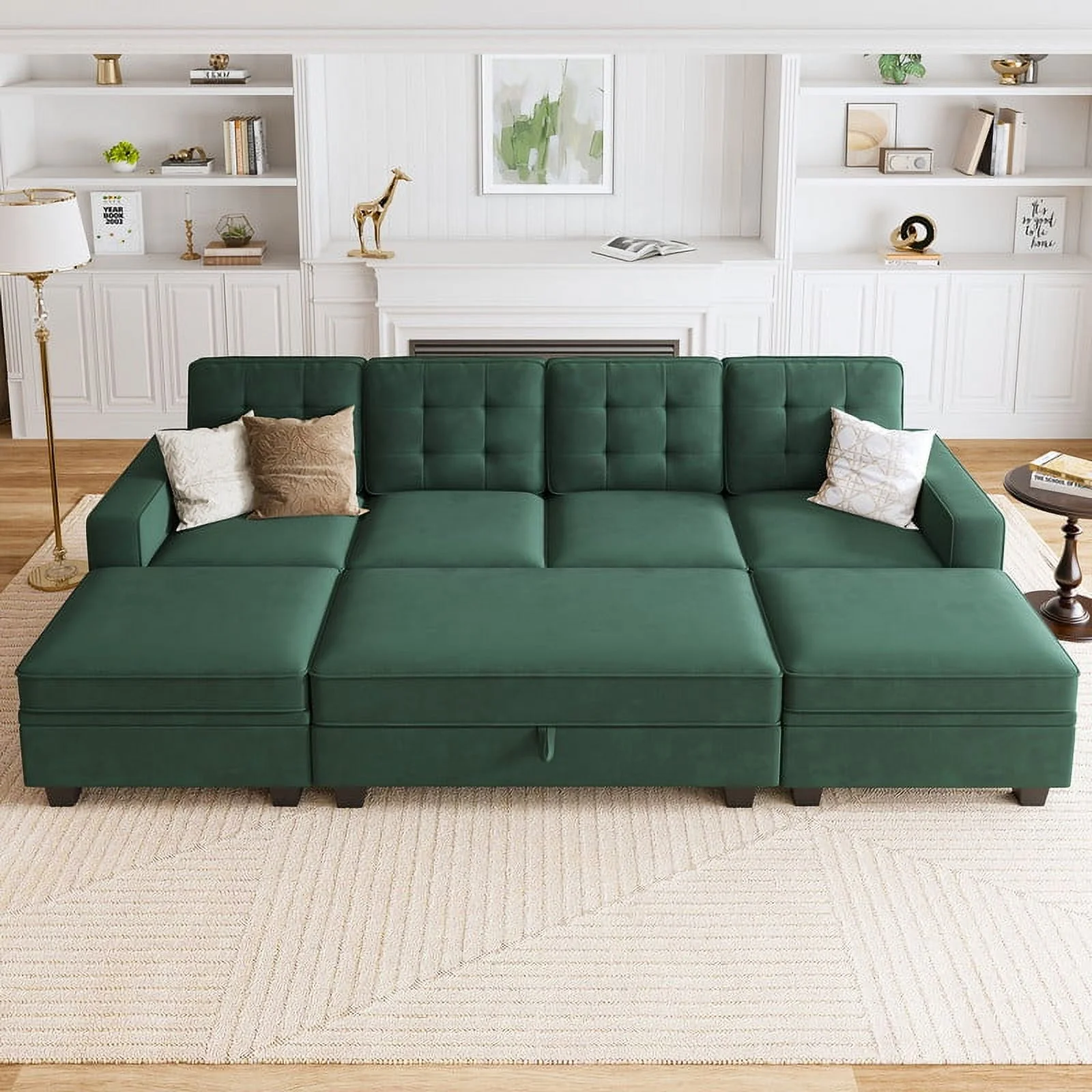 HONBAY Modern Convertible Sofa Bed with Storage Sectional Sleeper Sofa for Living Room and Apartment, Dark Green
