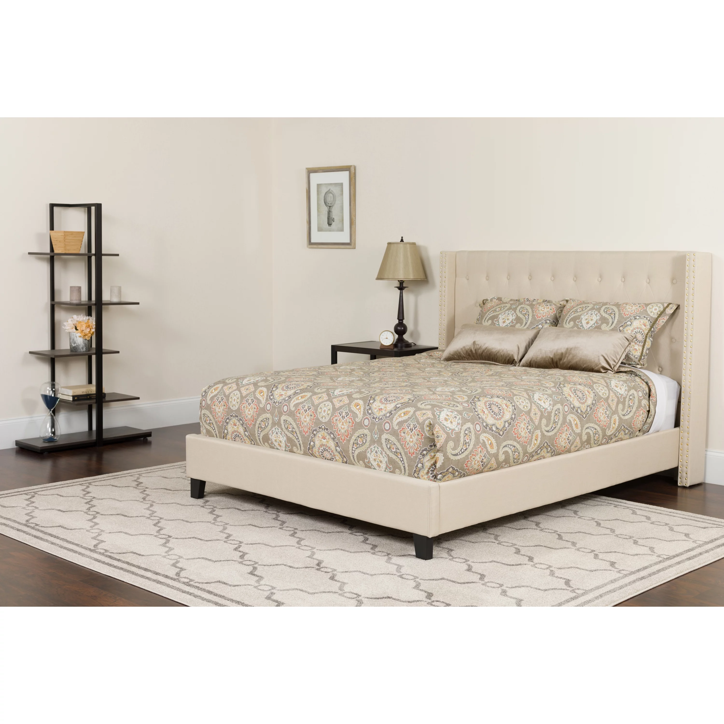 BizChair King Size Tufted Upholstered Platform Bed with Accent Nail Trimmed Extended Sides in Beige Fabric with Mattress