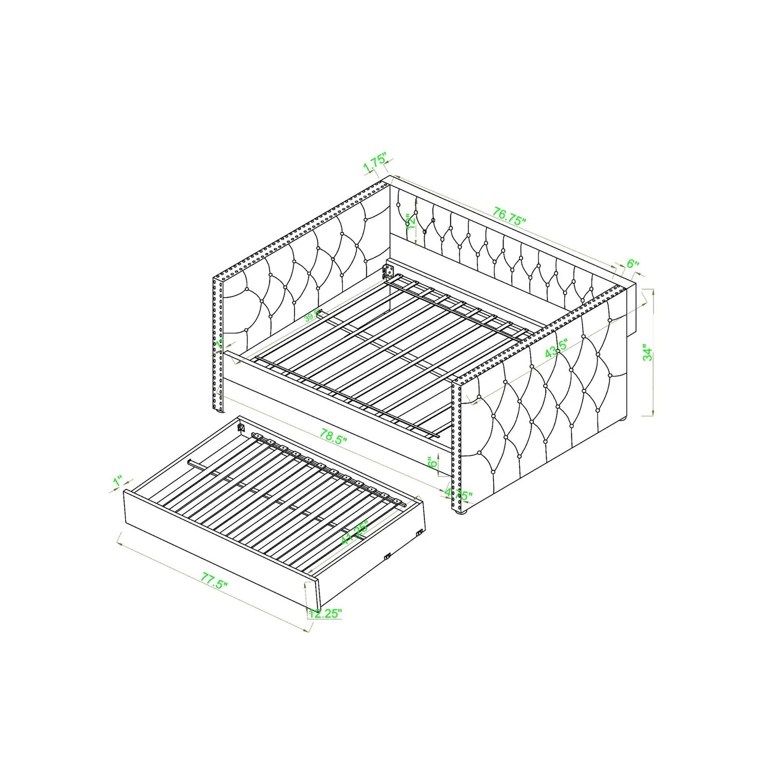 Benjara Trace Trundle Daybed, White Fabric Upholstery, Chesterfield, Nailhead Trim
