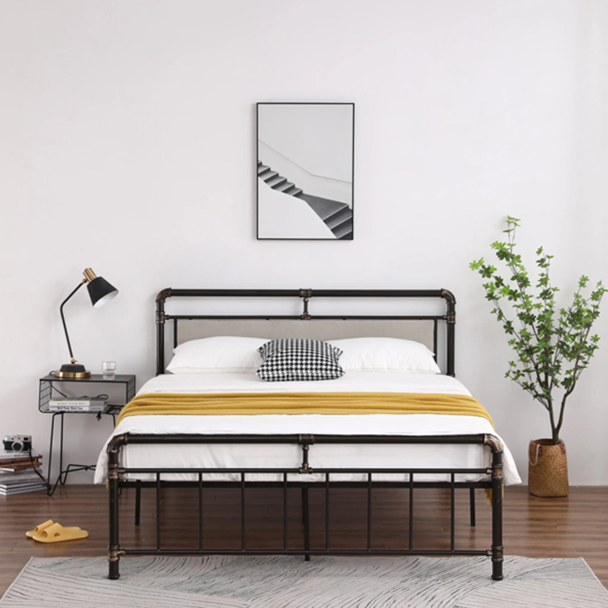 13 inch Twin Bed Frame, Metal Bed Frame with Soft Bag Pull Buckle Bed End Standpipe Water Pipe, Black