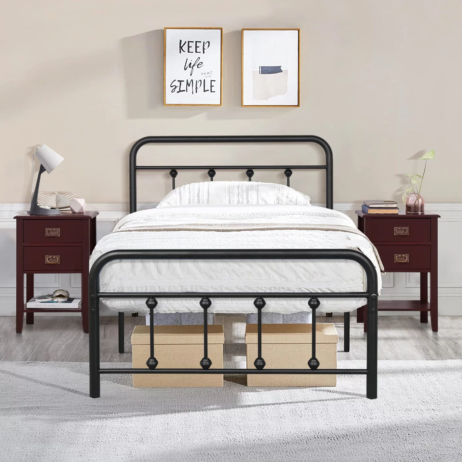 VECELO 3-Piece Bedroom Set with Twin Metal Bed Frame and 2 Red-Brown Nightstands (Set of 3)