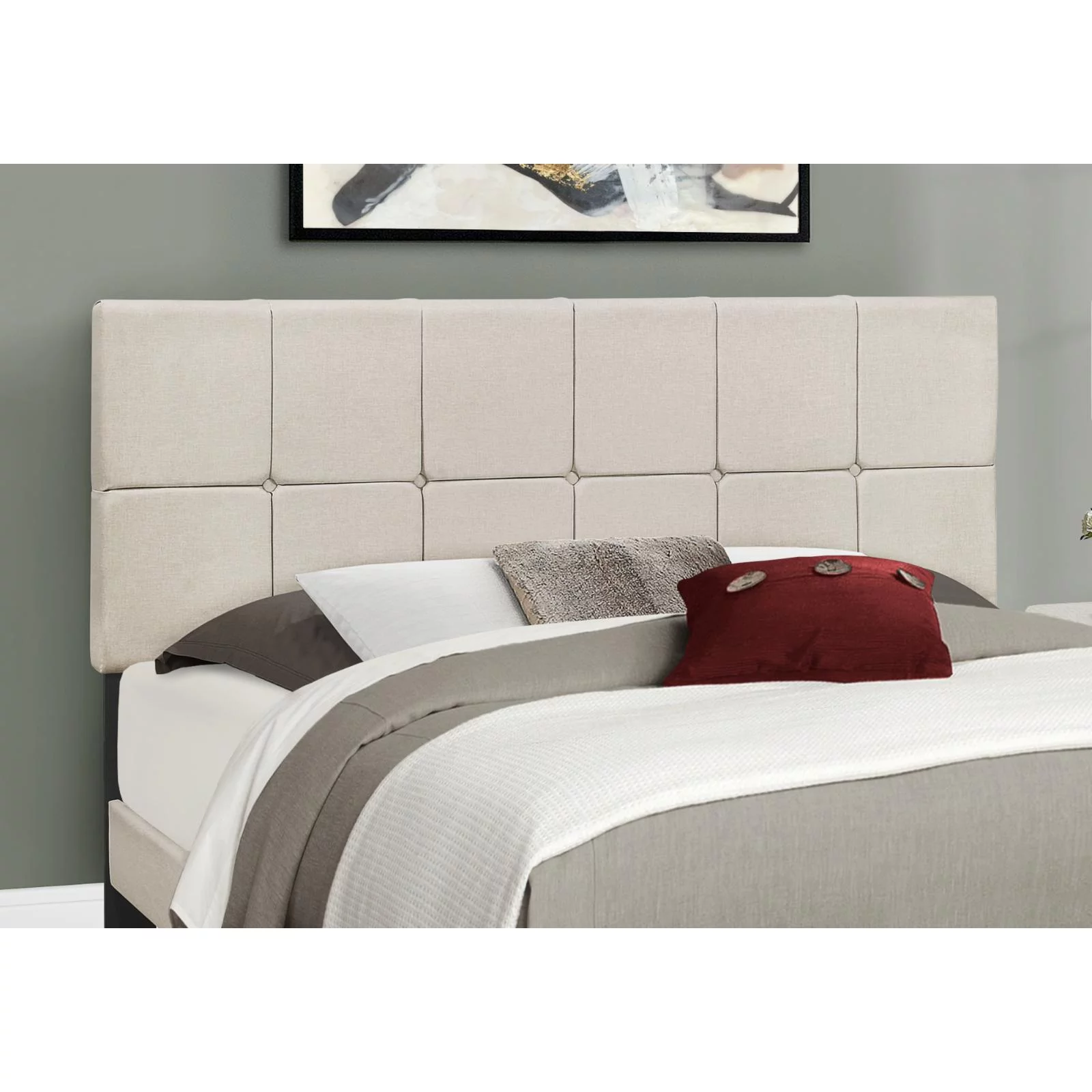 Monarch Specialties Bed, Queen Size, Bedroom, Upholstered, Beige Linen Look, Black Wood Legs