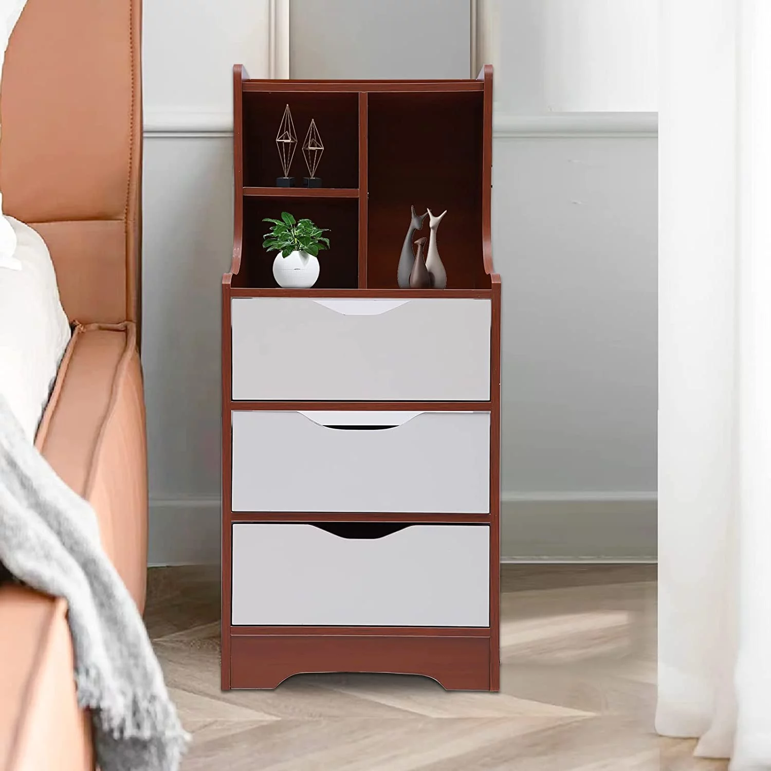 Oukaning 3 Drawers Storage End Table Wooden Nightstand Dresser with Top Cabinet Storage Home Furnitur