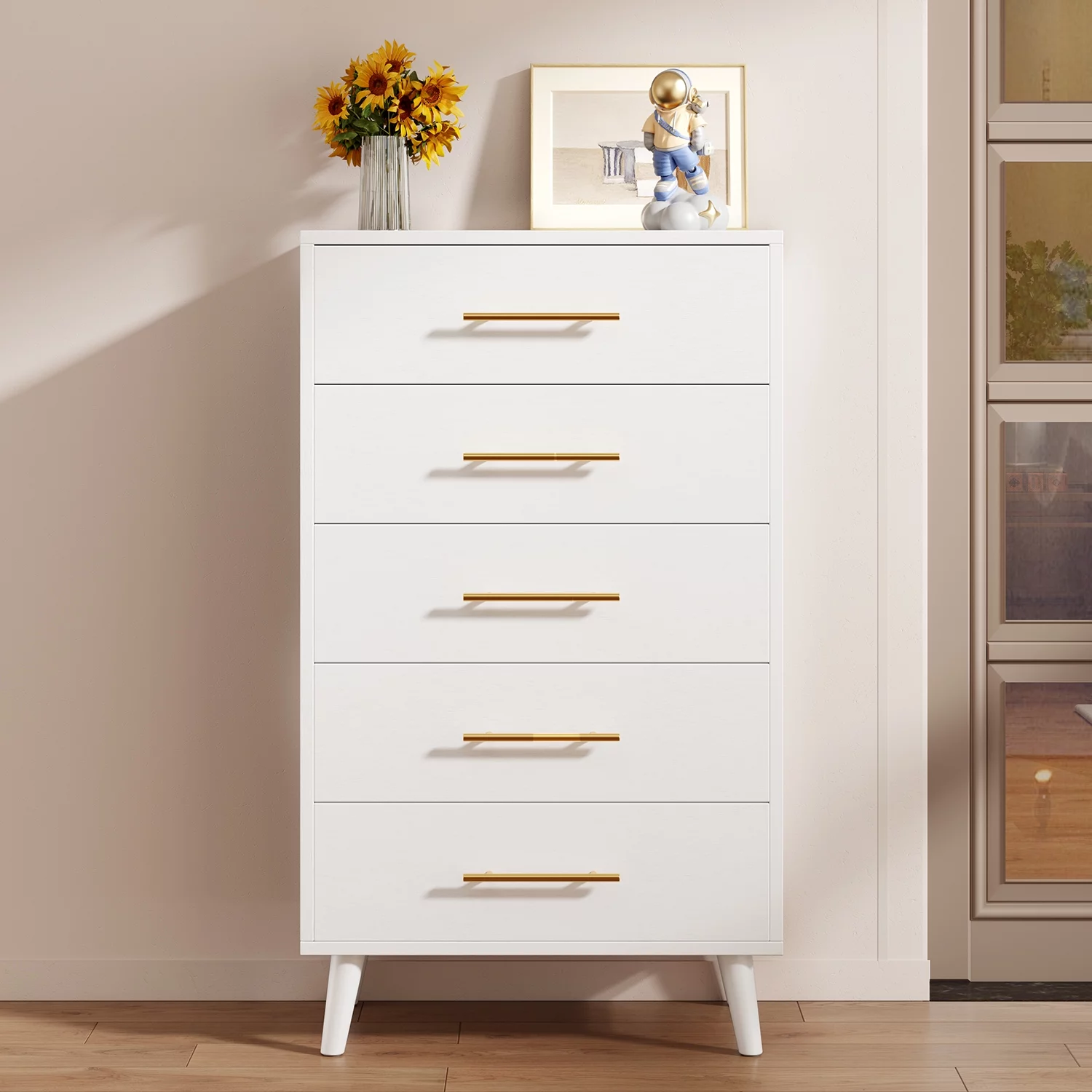 5 Drawer Dresser for Bedroom, Lofka Tall Chest of Drawers with Metal Handles, Wood Storage Organizer Dresser Nursery Dresser, White