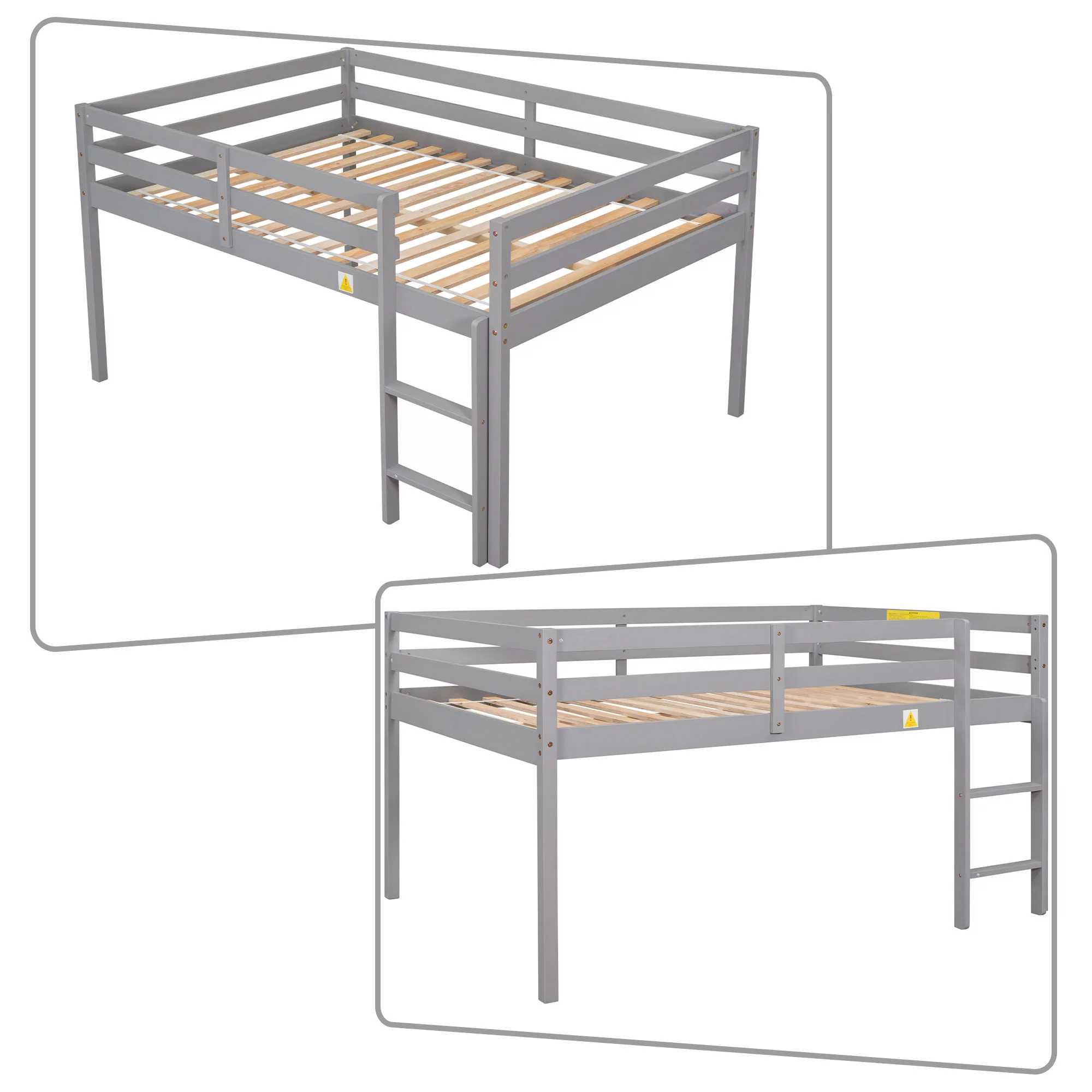 Modern and Minimalist Style Full Size Wooden Loft Bed with Ladder and Guardrail, Gray