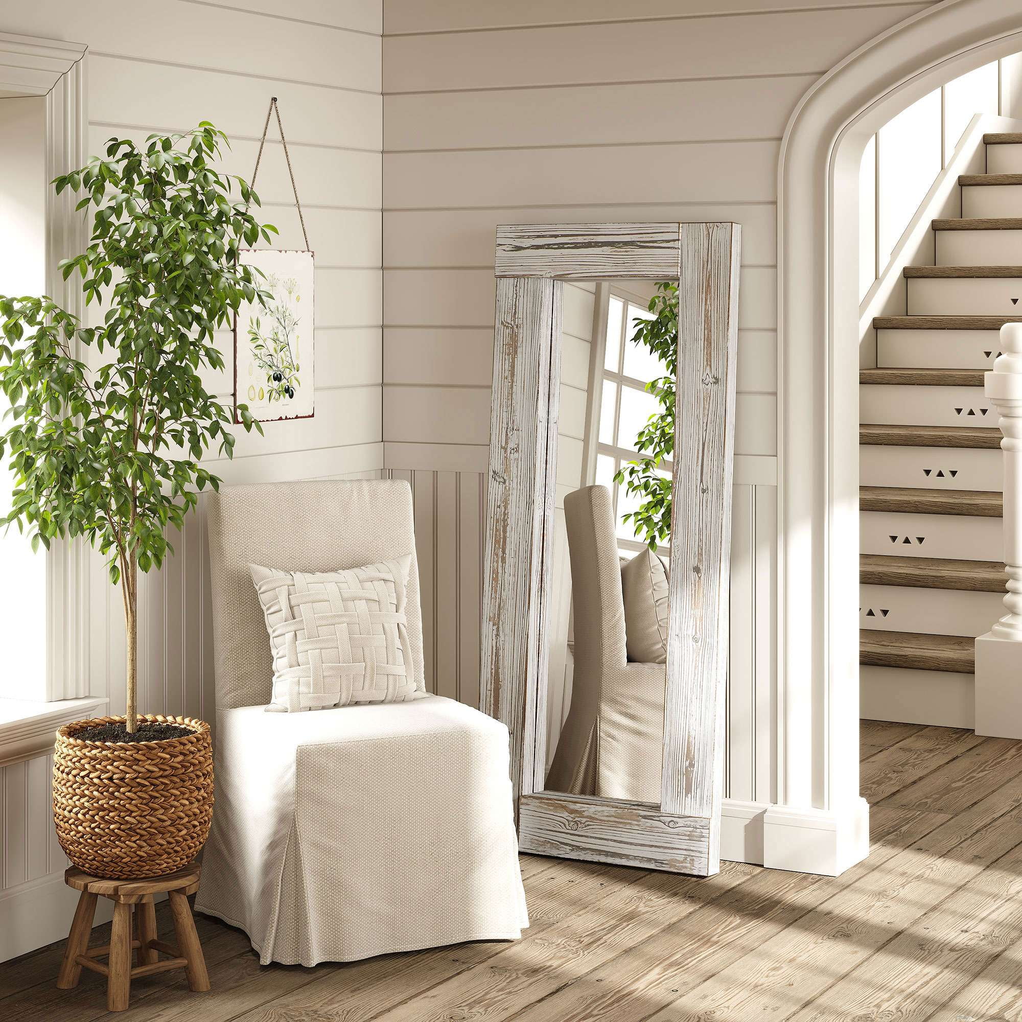 Barnyard Designs 24x58 Whitewash Leaner Floor Mirror Full Length, Large Rustic Wall Mirror Free Standing, Leaning Hanging Wood Mirror Full Size, Farmhouse Decor Long Mirror Bedroom Living Room, White