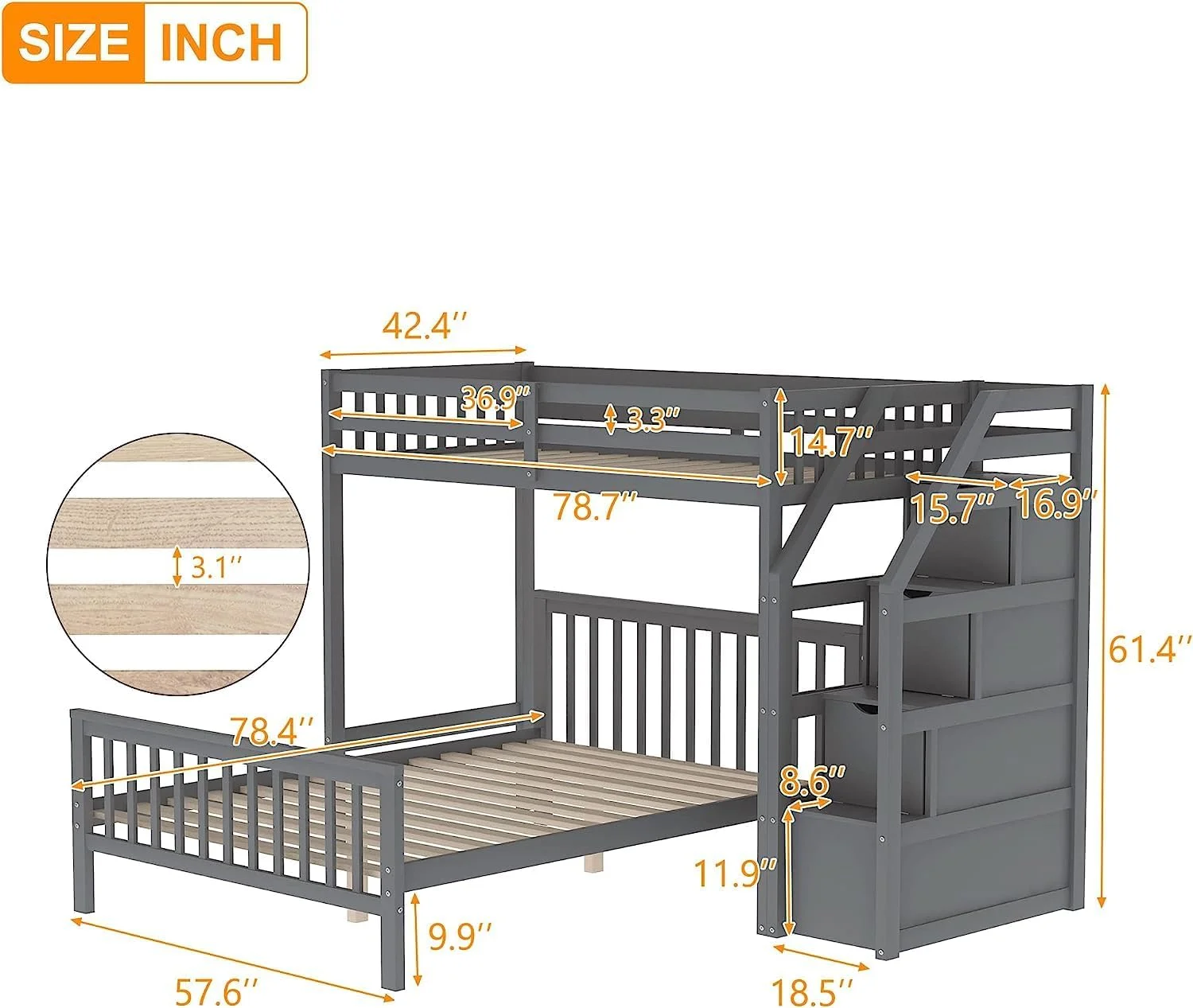 Over Full Bunk Beds With Storage Stairs, Wooden Stairway Bunk Beds With Removable Bottom Bed And Guardrails For Kids Girls Boys,No Box Spring Needed (Grey)