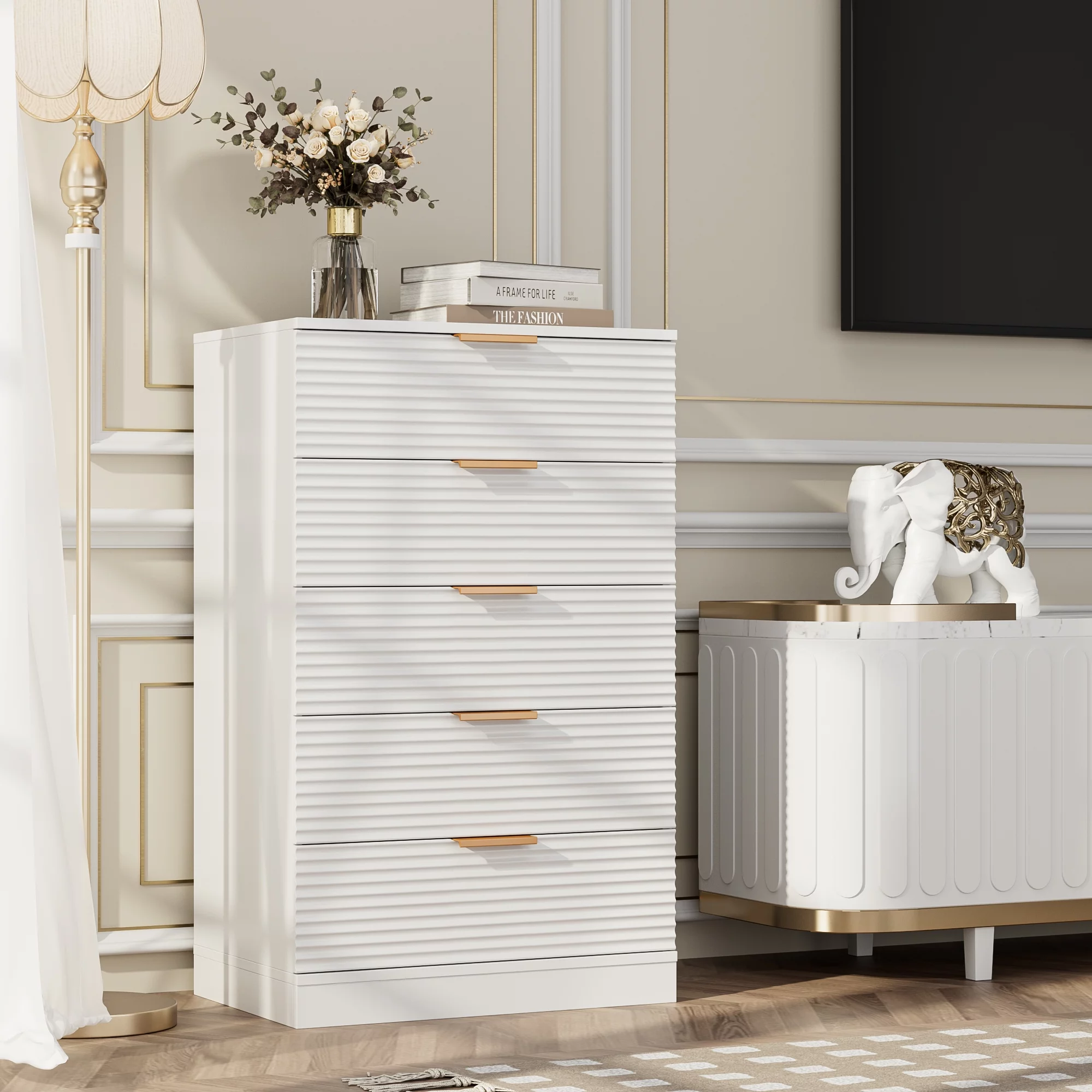 Homfa 5 Drawer White Dresser with Wave Panel, Contemporary Storage Cabinet for Bedroom, White Chest of Drawers Wood Organizer for Living Room