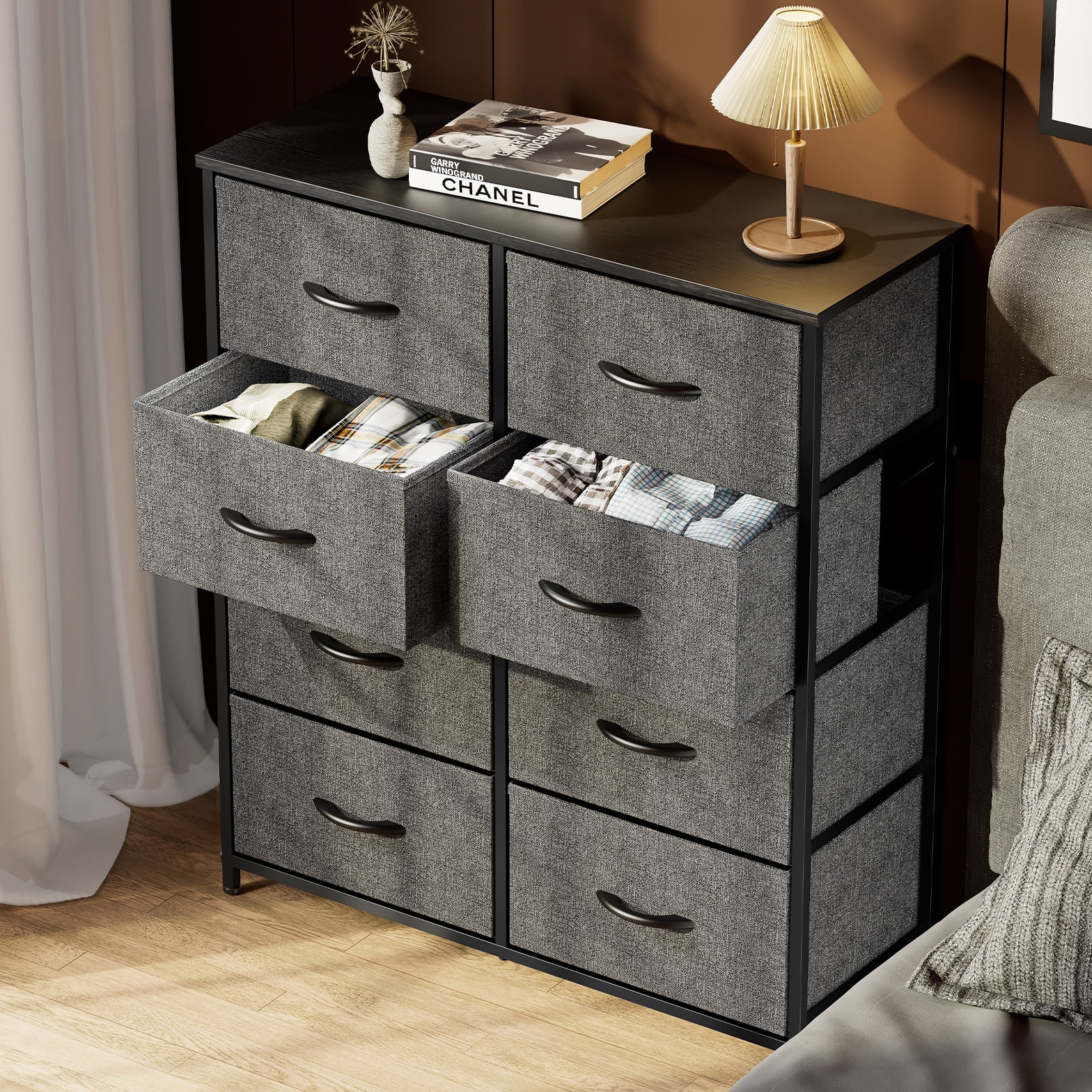 Sweetcrispy Dresser for Bedroom with 8 Drawers Tall Dresser & Chest of Drawers Fabric Dresser with Wood Top and Sturdy Steel Frame Gray