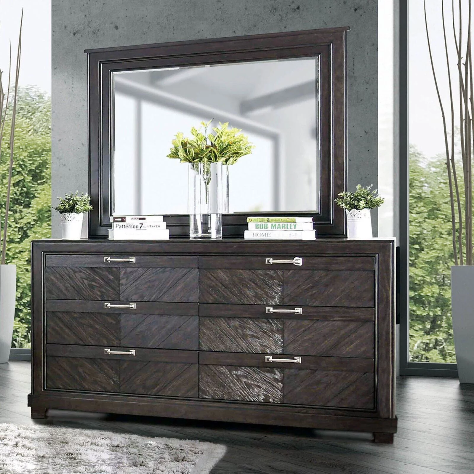 Contemporary Espresso Queen Size Bed 4pc Set Solid wood Dresser Mirror Nightstand Storage Drawers FB Bedroom Furniture