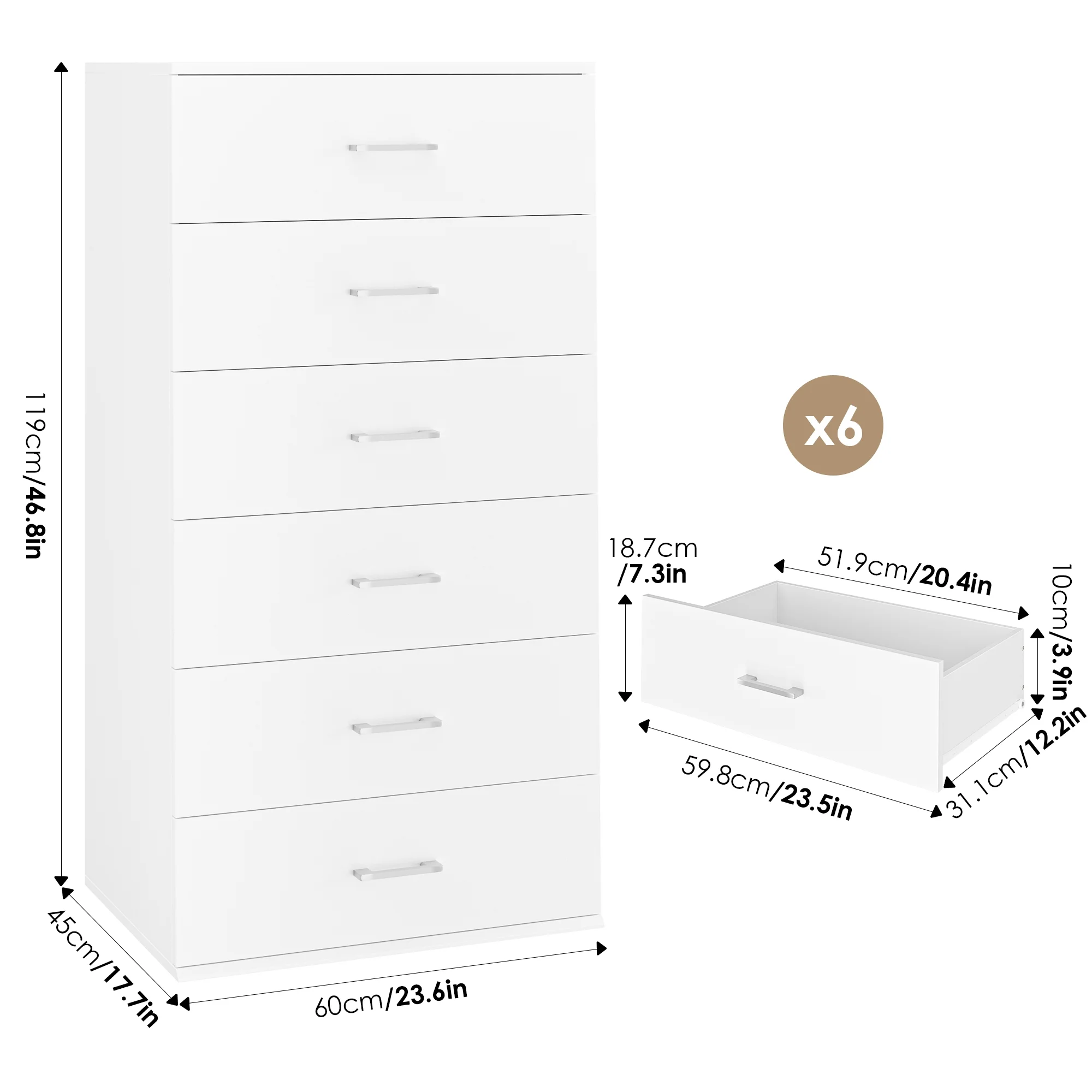 Homfa White Dresser with 6 Drawers, Vertical Chest of Drawers Wood Storage Cabinet for Bedroom Living Room