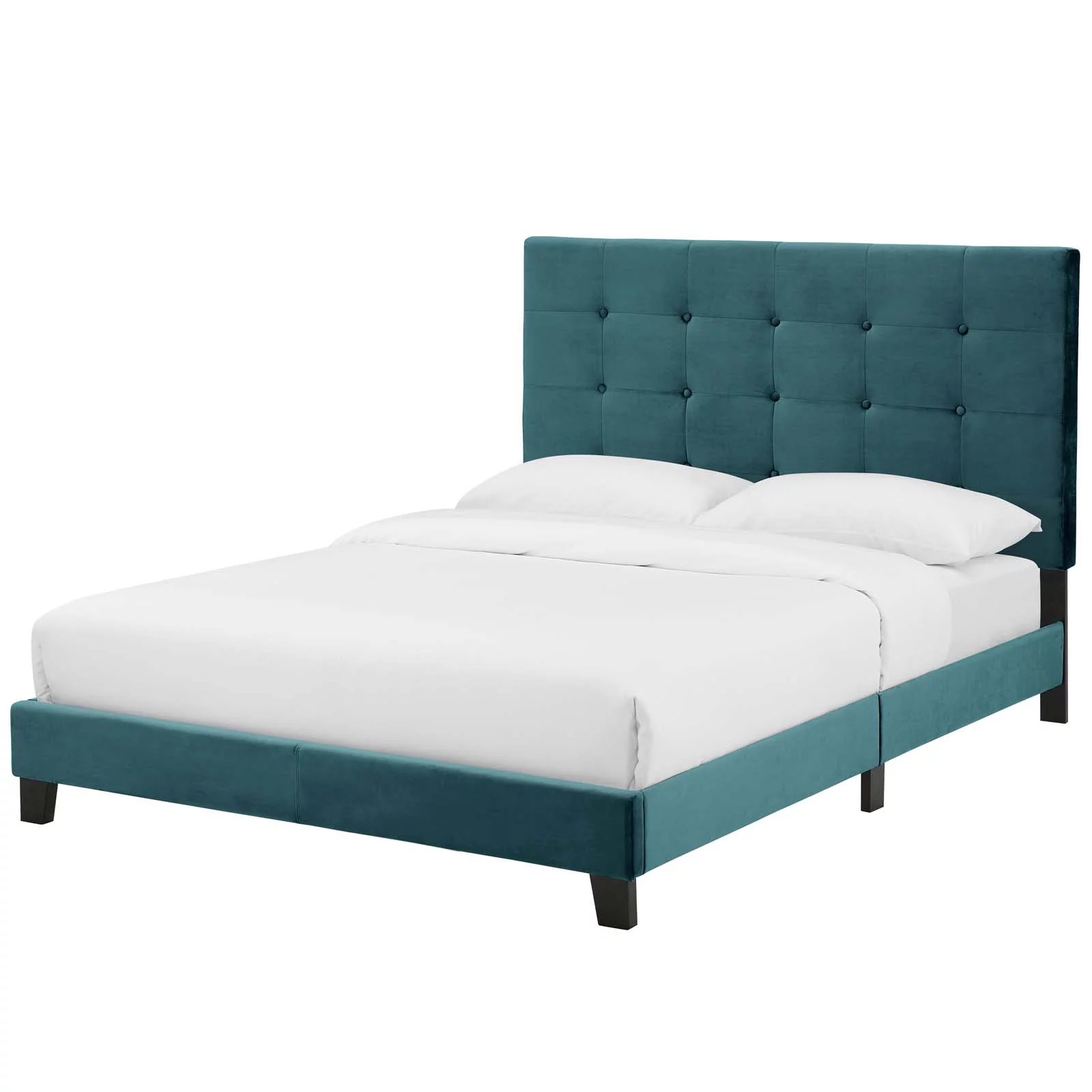 Contemporary Modern Urban Designer Bedroom Queen Size Platform Bed Frame, Velvet Fabric, Blue