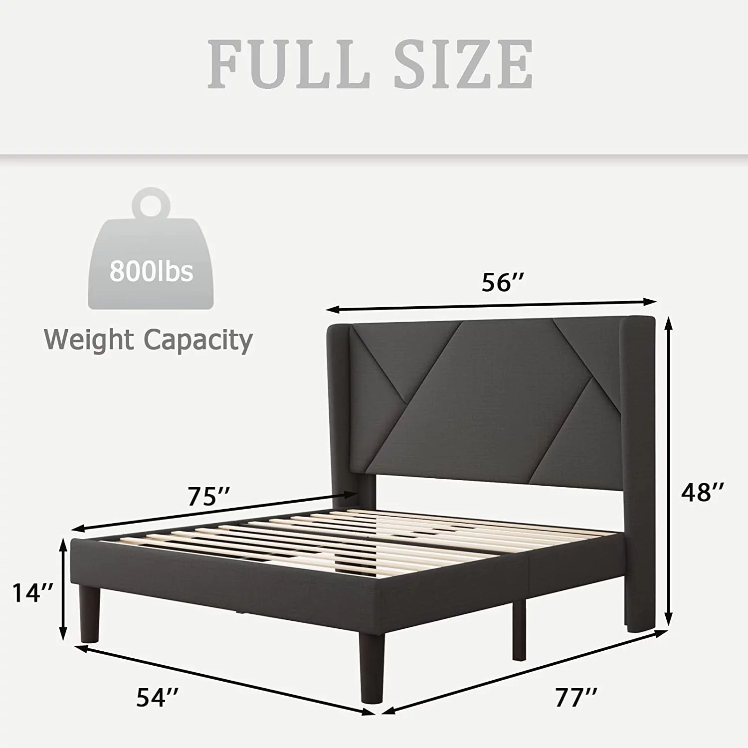 Queen Size Platform Bed Frame with Wingback  Geometric Upholstered Bed Frame with Headboard  Wood Slats Support  No Box Spring Required  Dark Grey