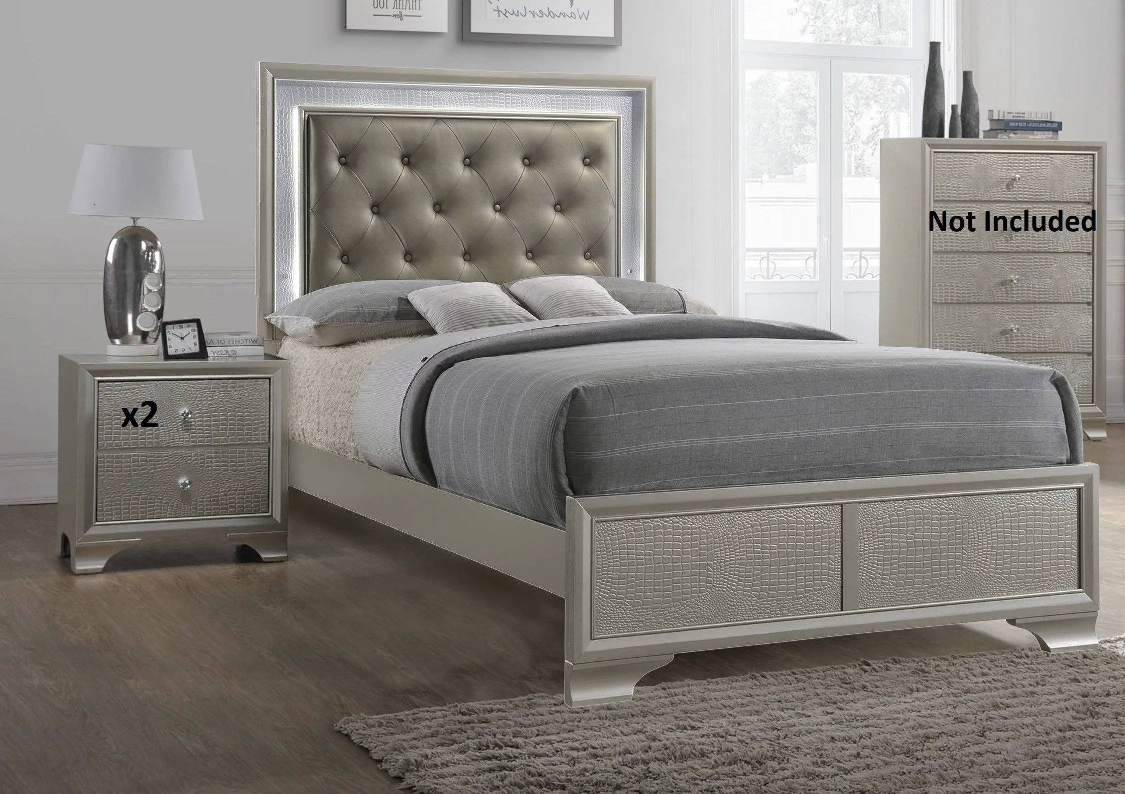 Modern Champagne Faux Finish 3pc Twin Size LED Backlit HB Bed and Storage Nightstand Wooden Bedroom Furniture Set