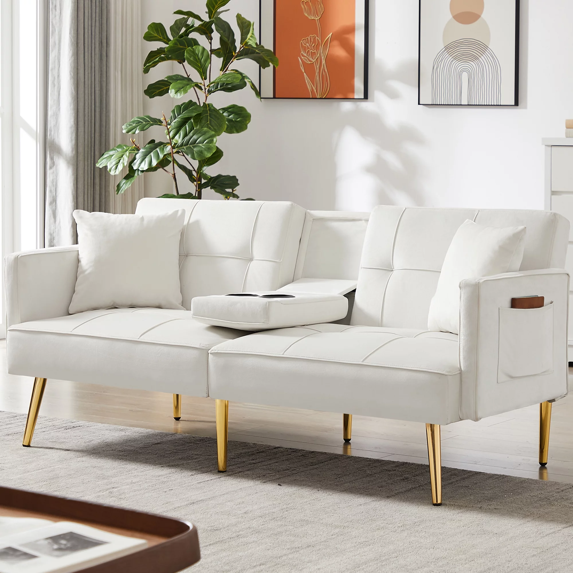 SYNGAR Couches for Living Room, Velvet Upholstered Convertible Sofa Bed with Armrests, Adjustable Backrest, Mid Century Futon Sofa and Couch for Home Apartment Dorm Living Room, White