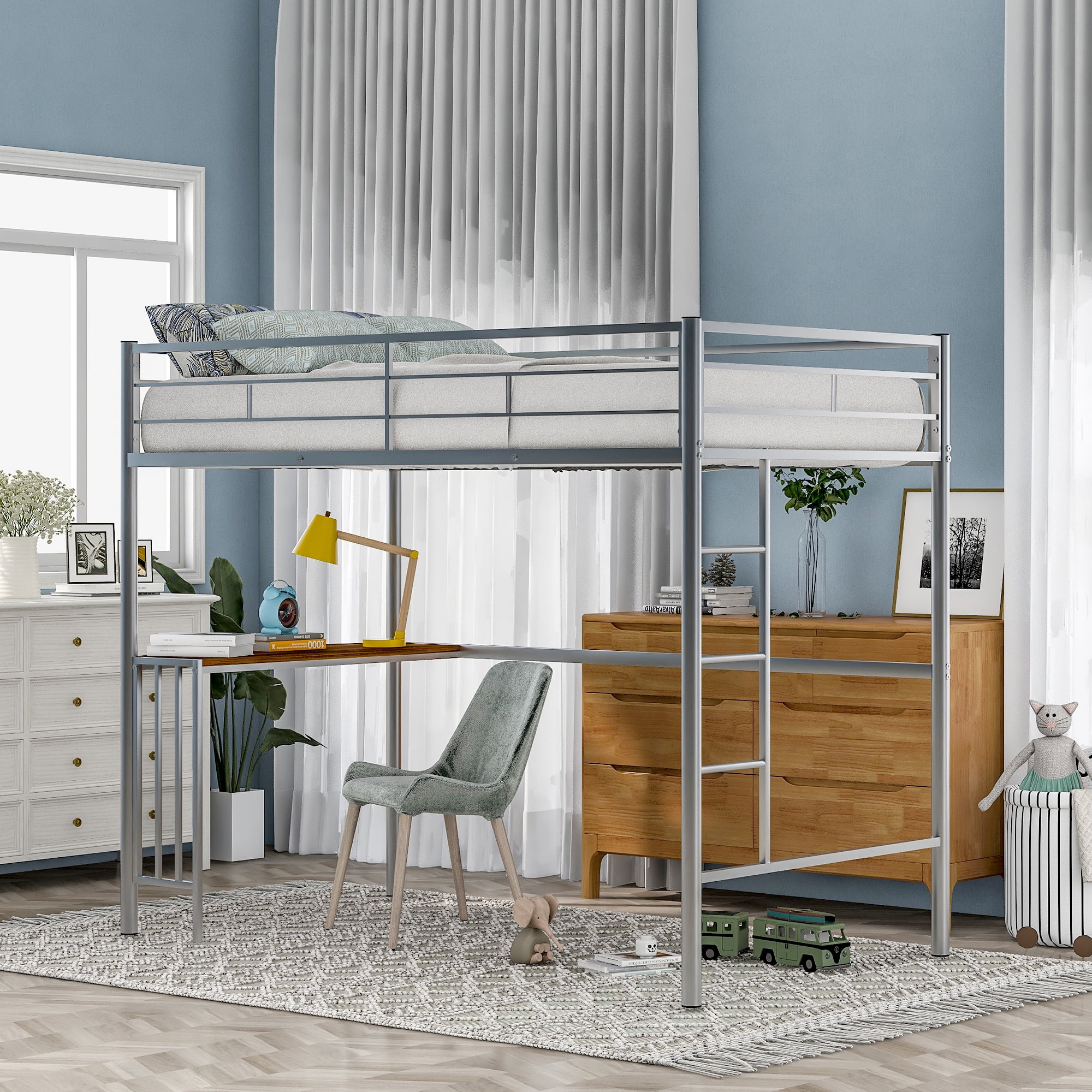 Dcenta Twin Metal Bunk Bed with Desk, Ladder and Guardrails, Loft Bed for Bedroom, Silver
