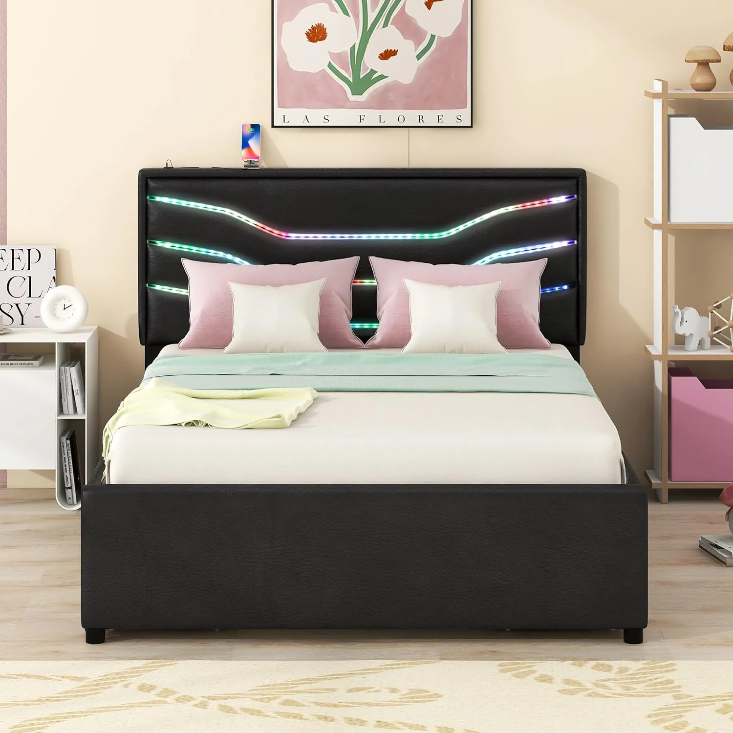 Queen Bed Frame With Storage Drawers, LED Upholstered Platform Bed With Headboard And USB Charging Port, No Box Spring Needed, Faux Leather, Black