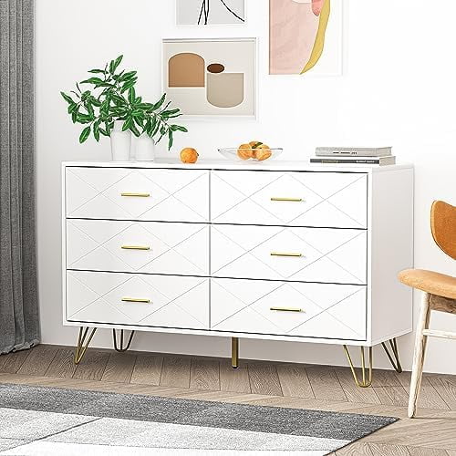 KHBIULIFE White Dresser for Bedroom Dresser with 6 Deep Drawers Wide Chest of Drawers with Gold Handles for Living Room